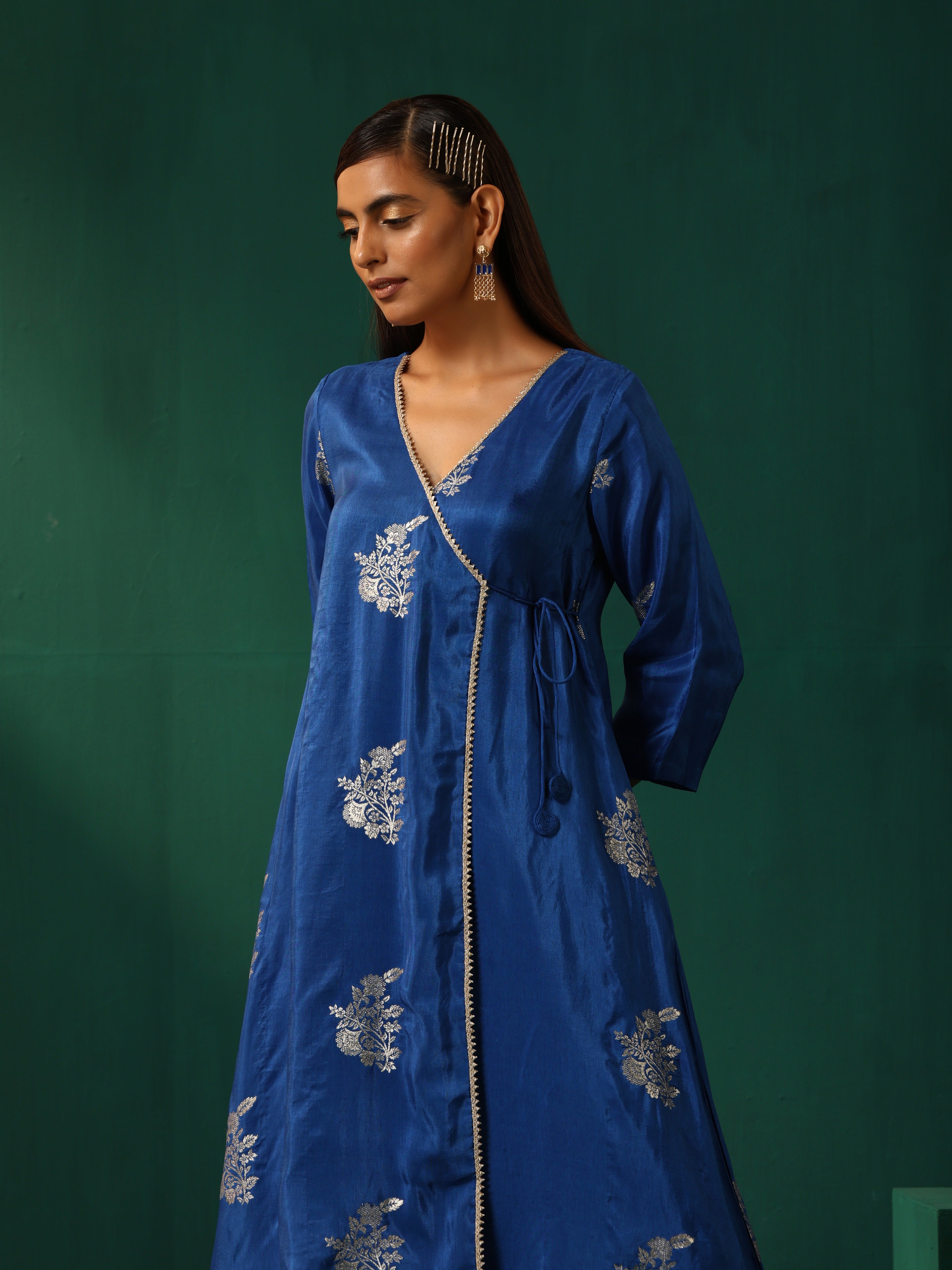 trueBrowns Royal Blue Floral Viscose Silk Angrakha Kurta Pant Set