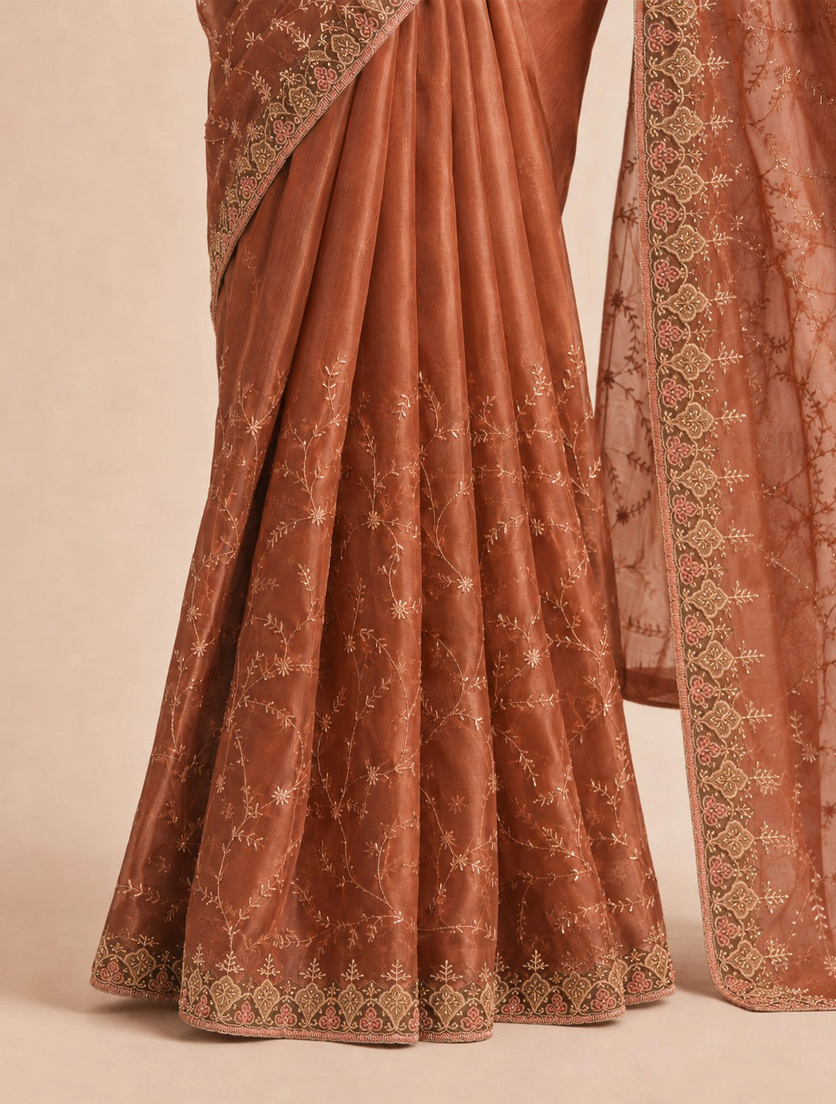 trueBrowns Brown Gold Embroidered Net Saree With Unstitched Blouse