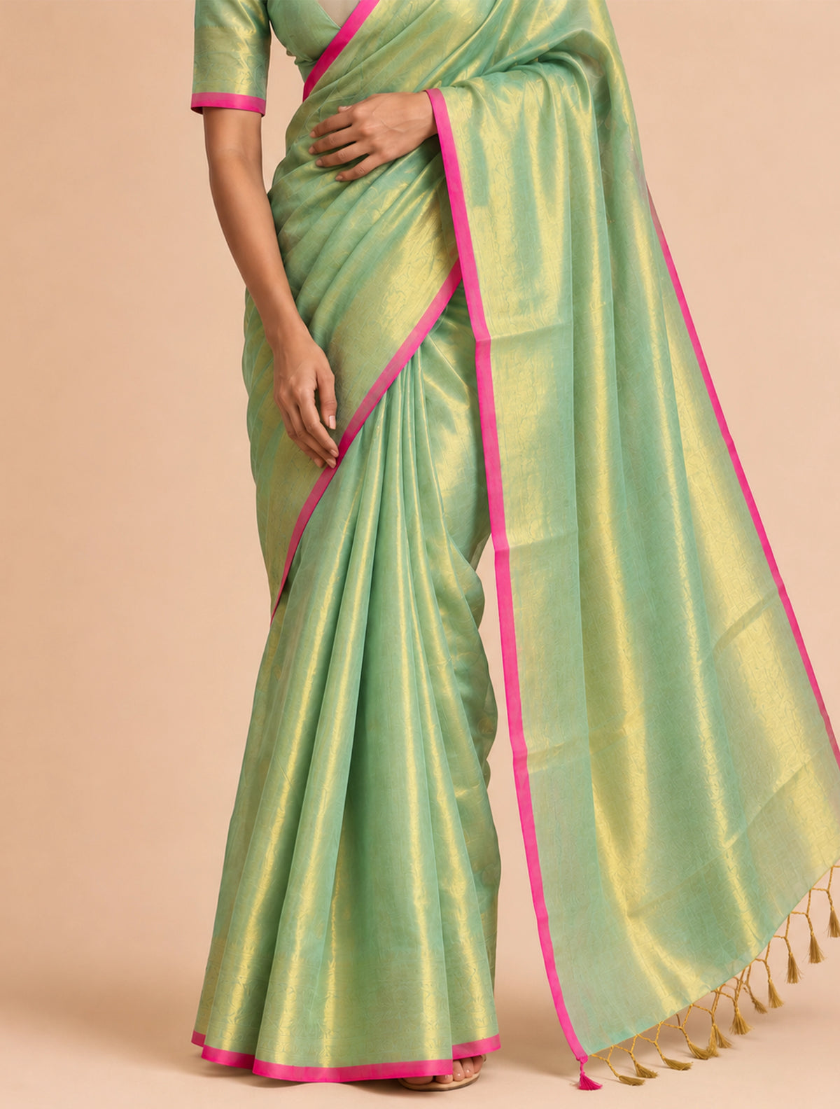 trueBrowns Green Tissue Handloom Saree With Unstitched Blouse