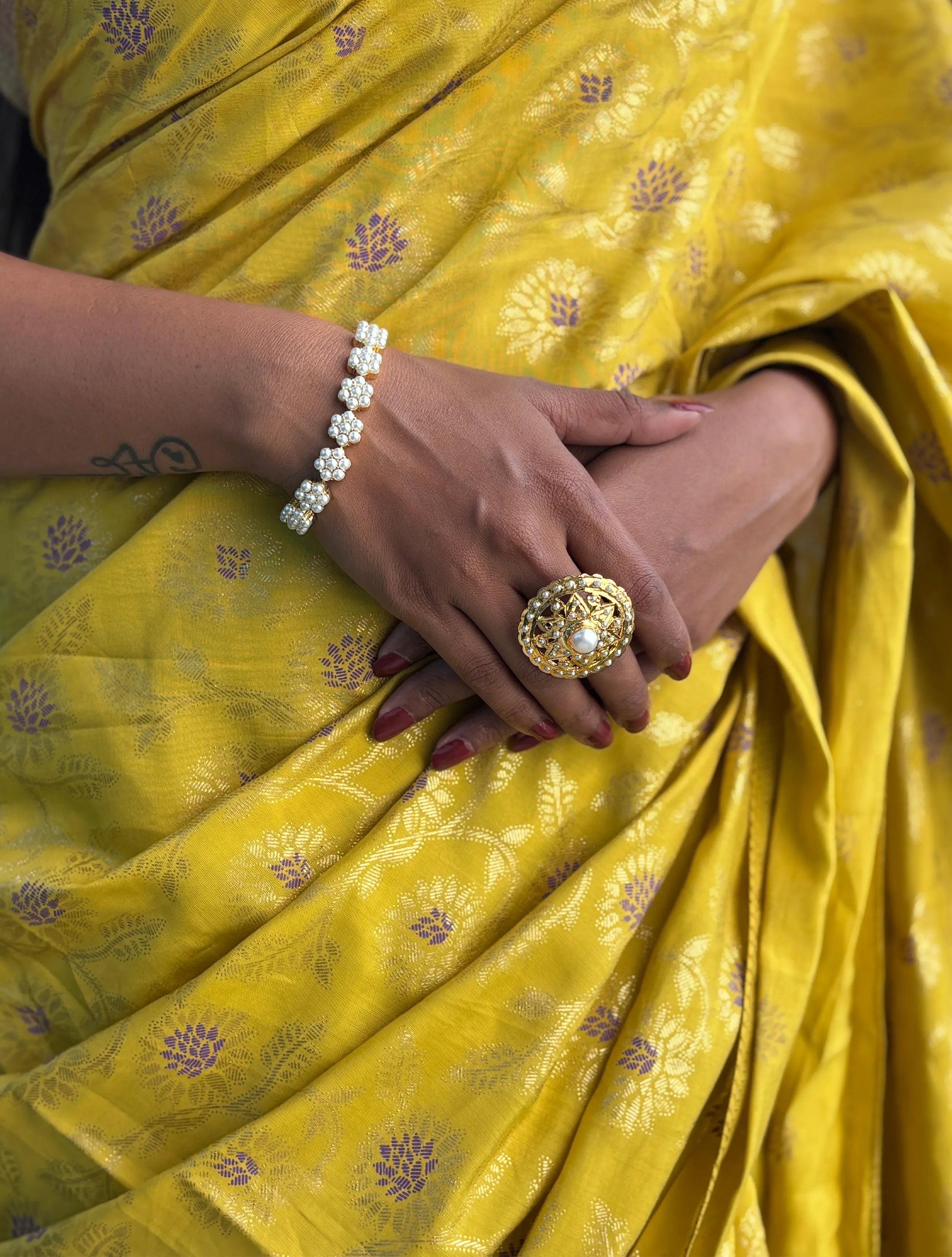 trueBrowns Lime Foil Print Saree With Unstitched Blouse