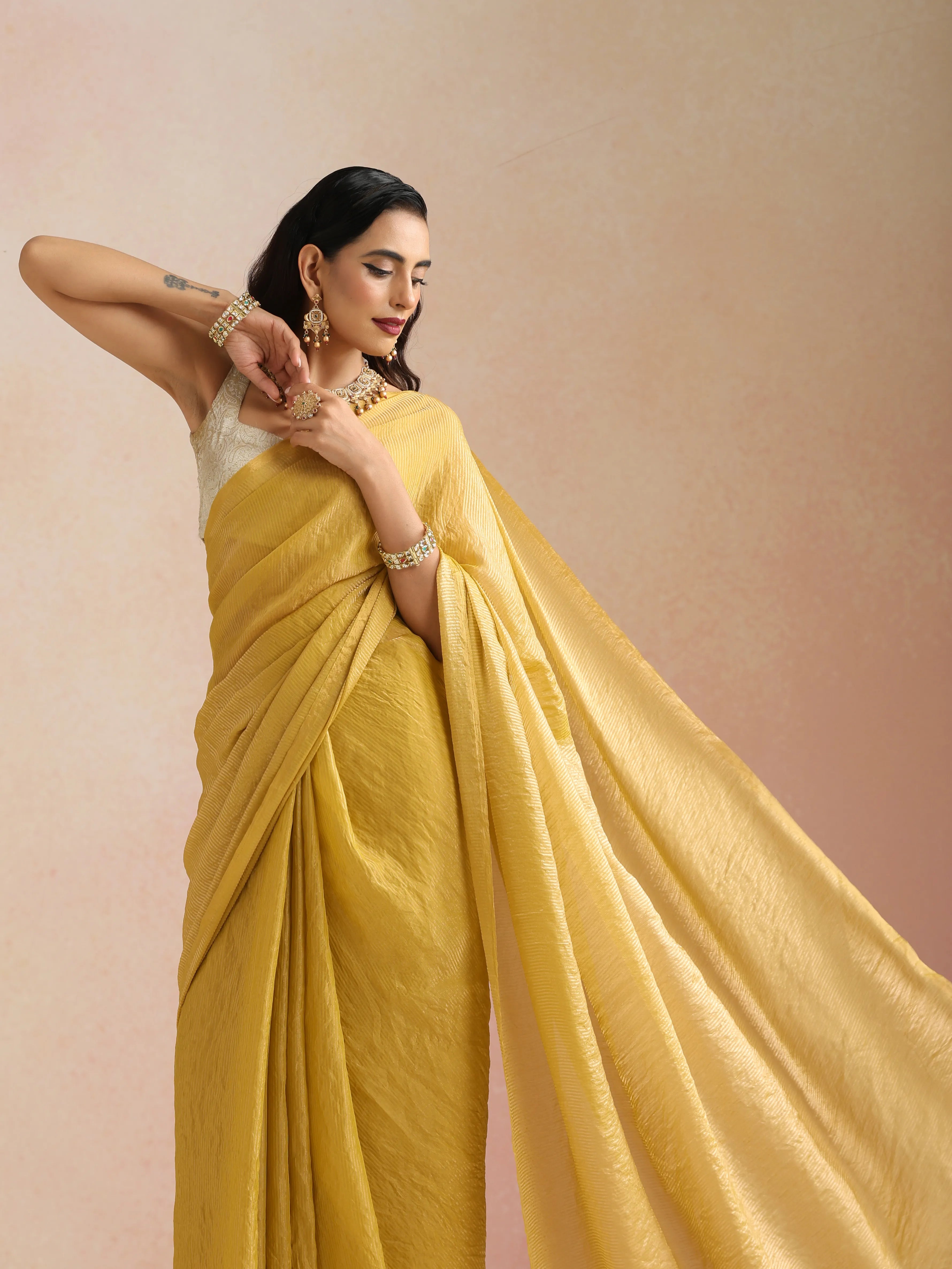 trueBrowns Mustard Tissue Stripe Saree With Unstitched Blouse