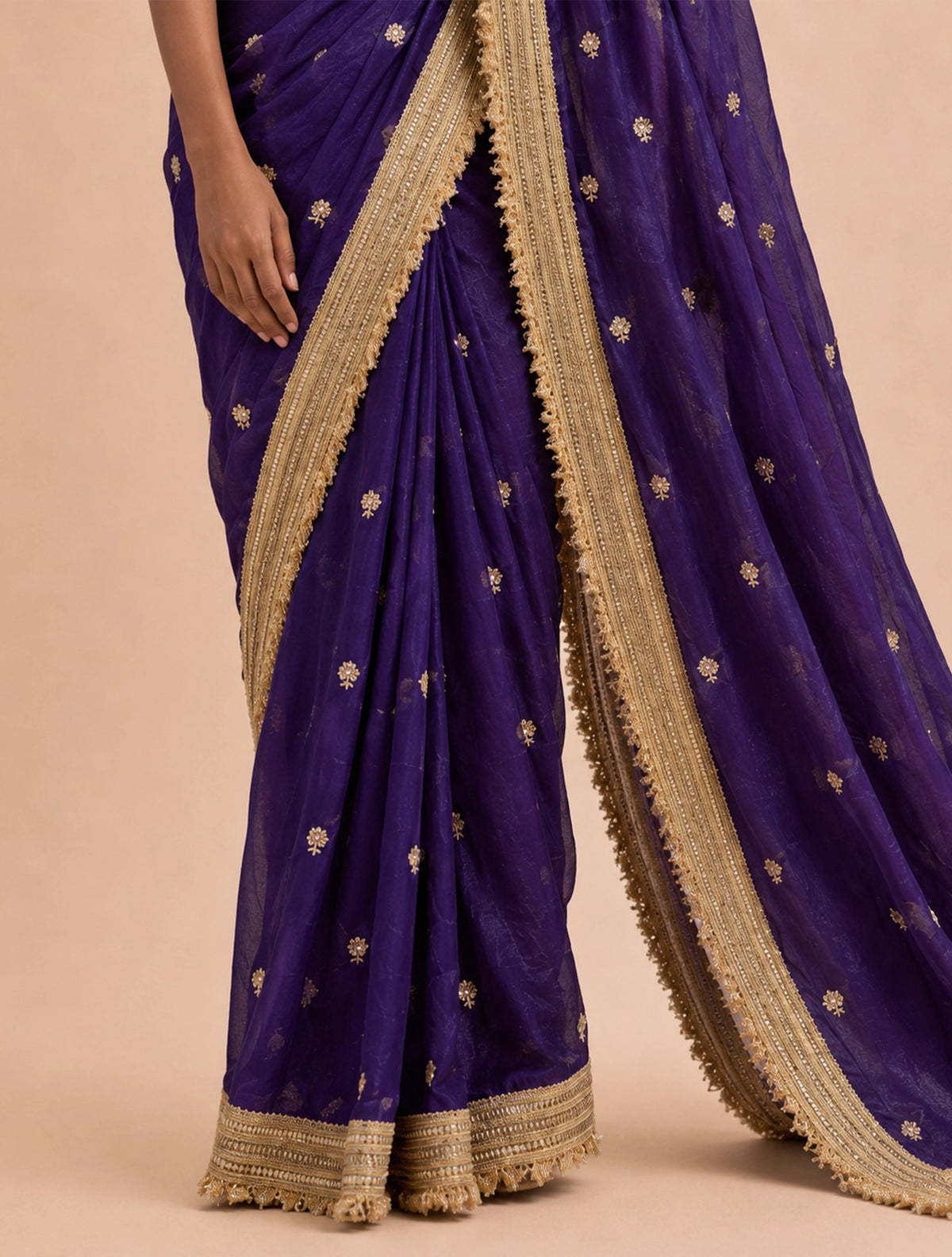 trueBrowns Purple Embroidered Satin Tissue Saree With Unstitched Blouse