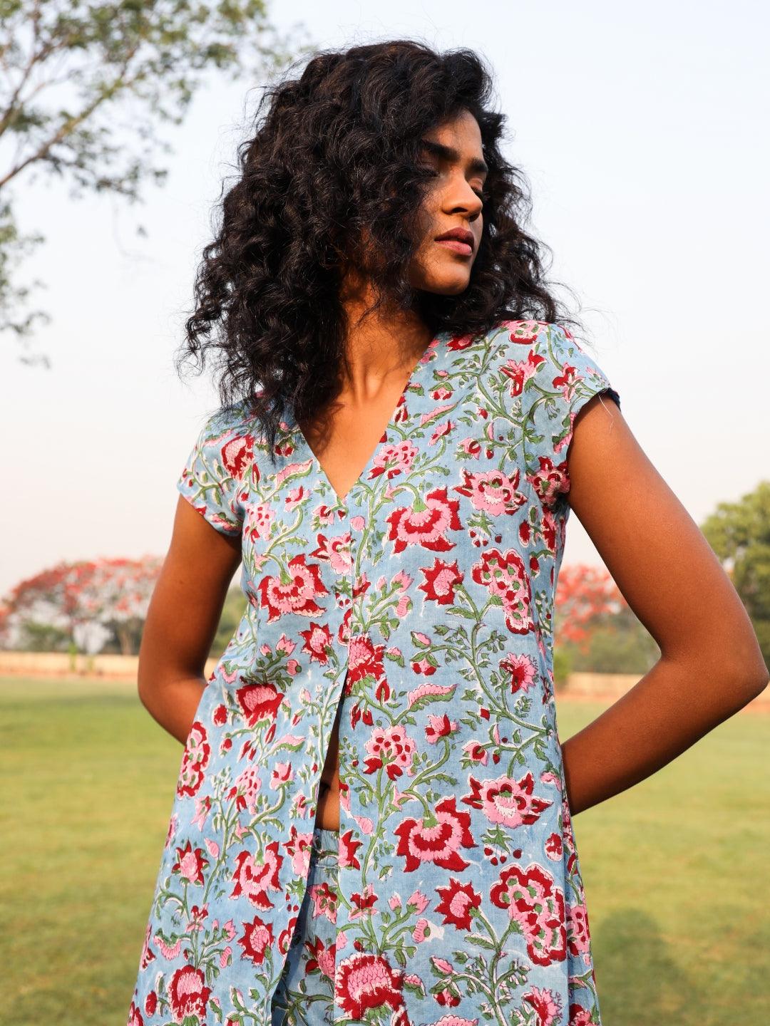 Baby Blue Cotton Block Print Front Slit Co-Ord Set - trueBrowns