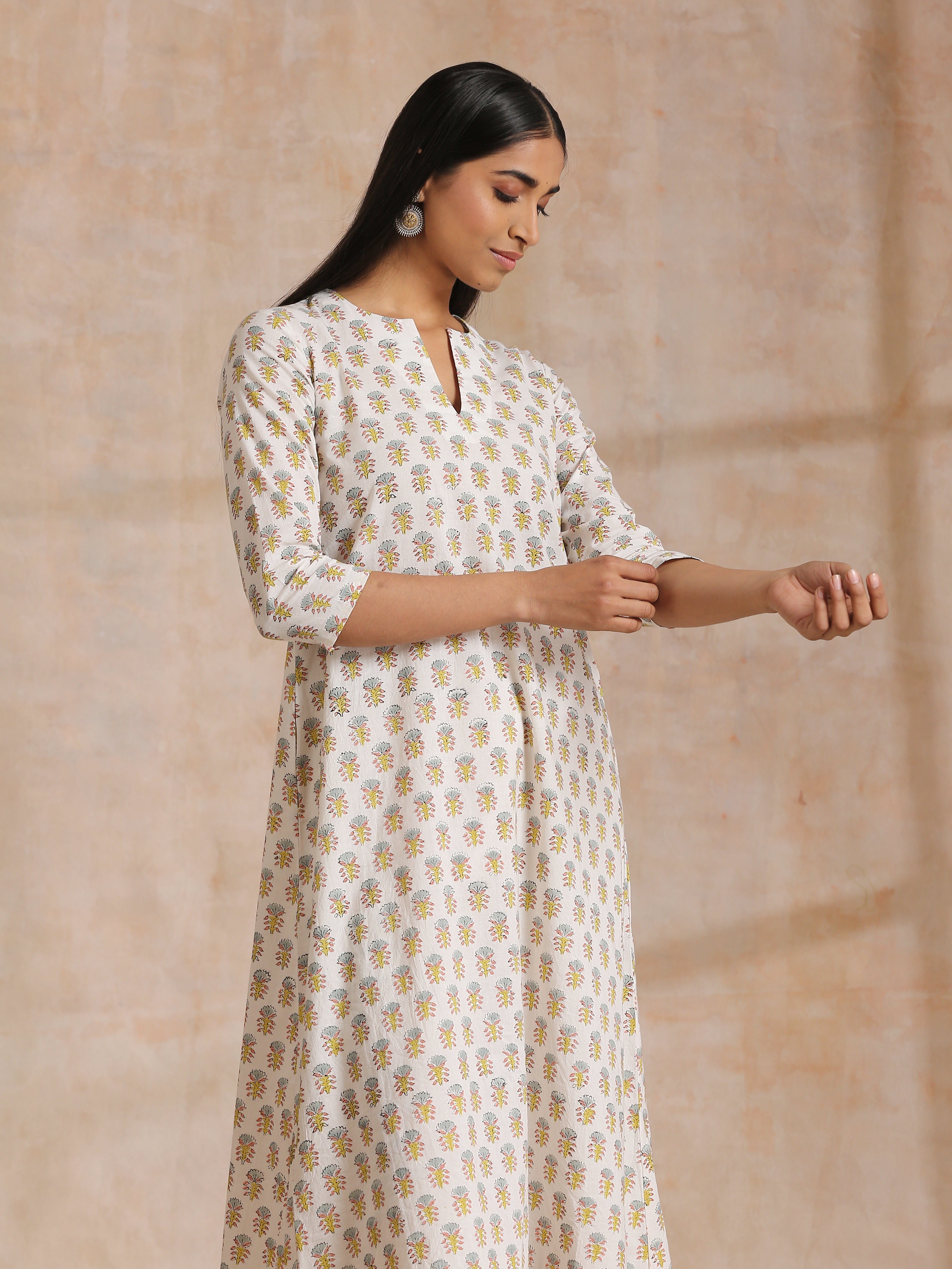 Multi Color Floral Booti Print Cotton Flared Kurta Pant Set
