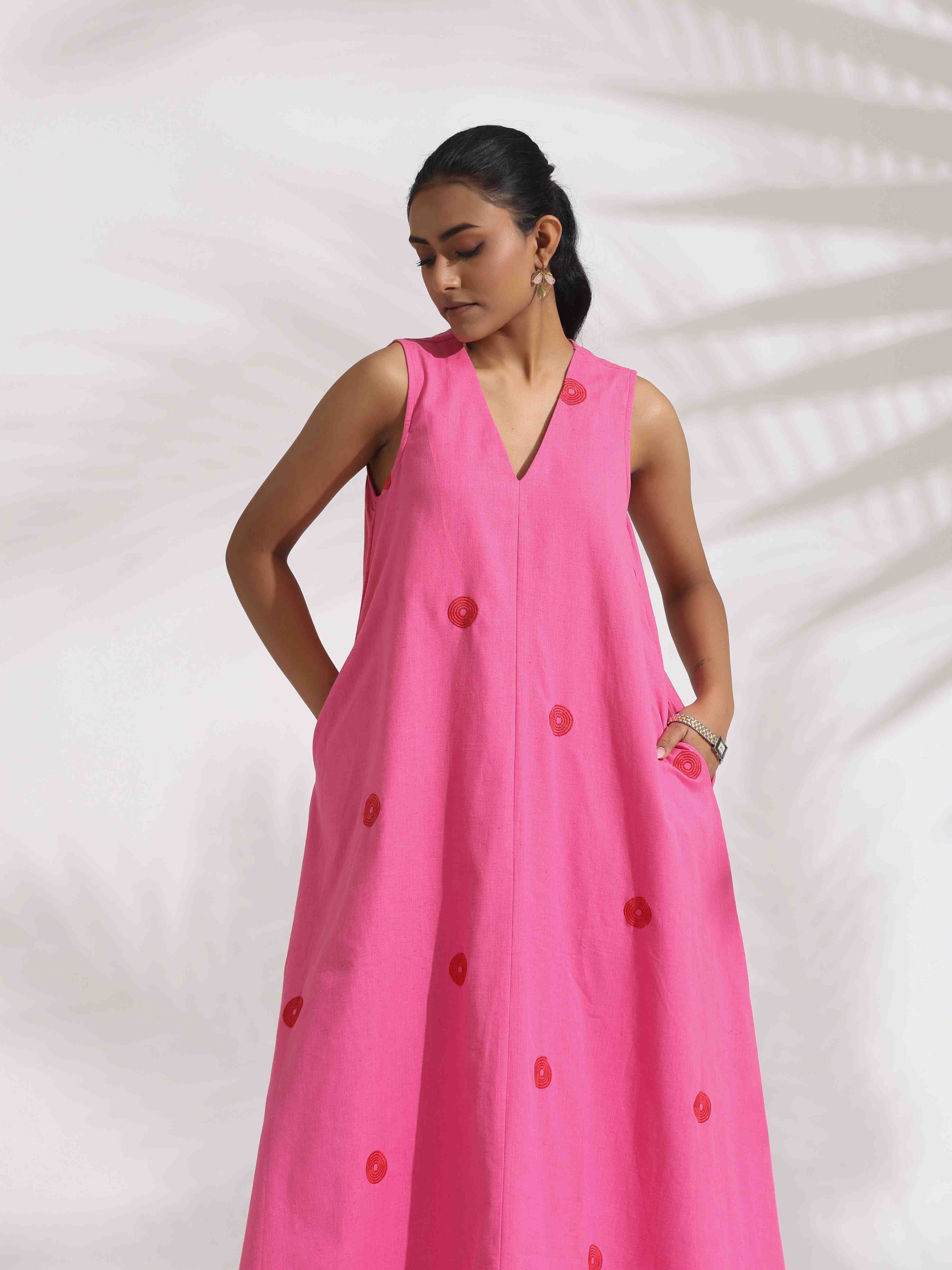 trueBrowns Pink Cotton Embroidered Flared Dress