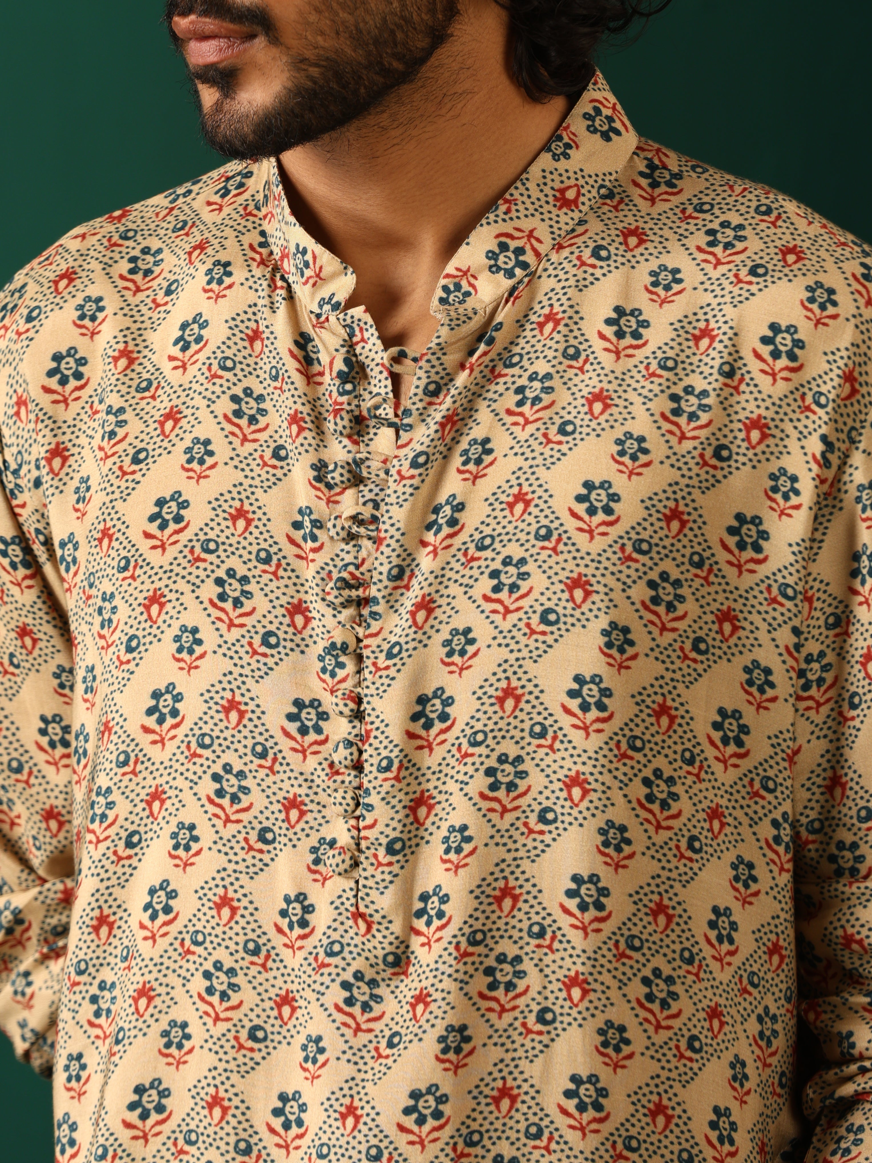 trueBrowns Men Beige Geometric Muslin Silk Printed Co-ord Set