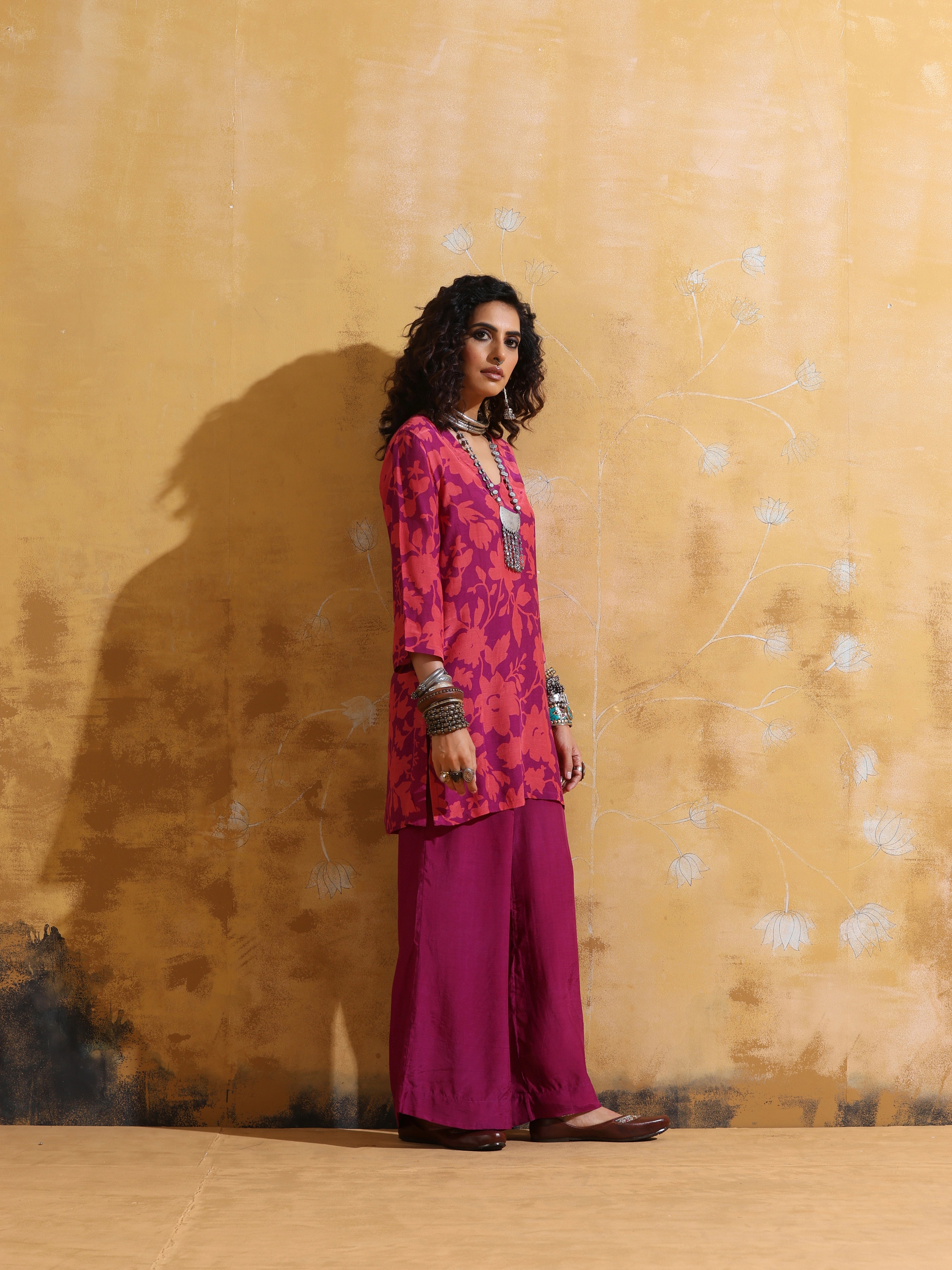 trueBrowns Purple Peach Jaal Print Muslin Silk Flared Pants Co-ord Set