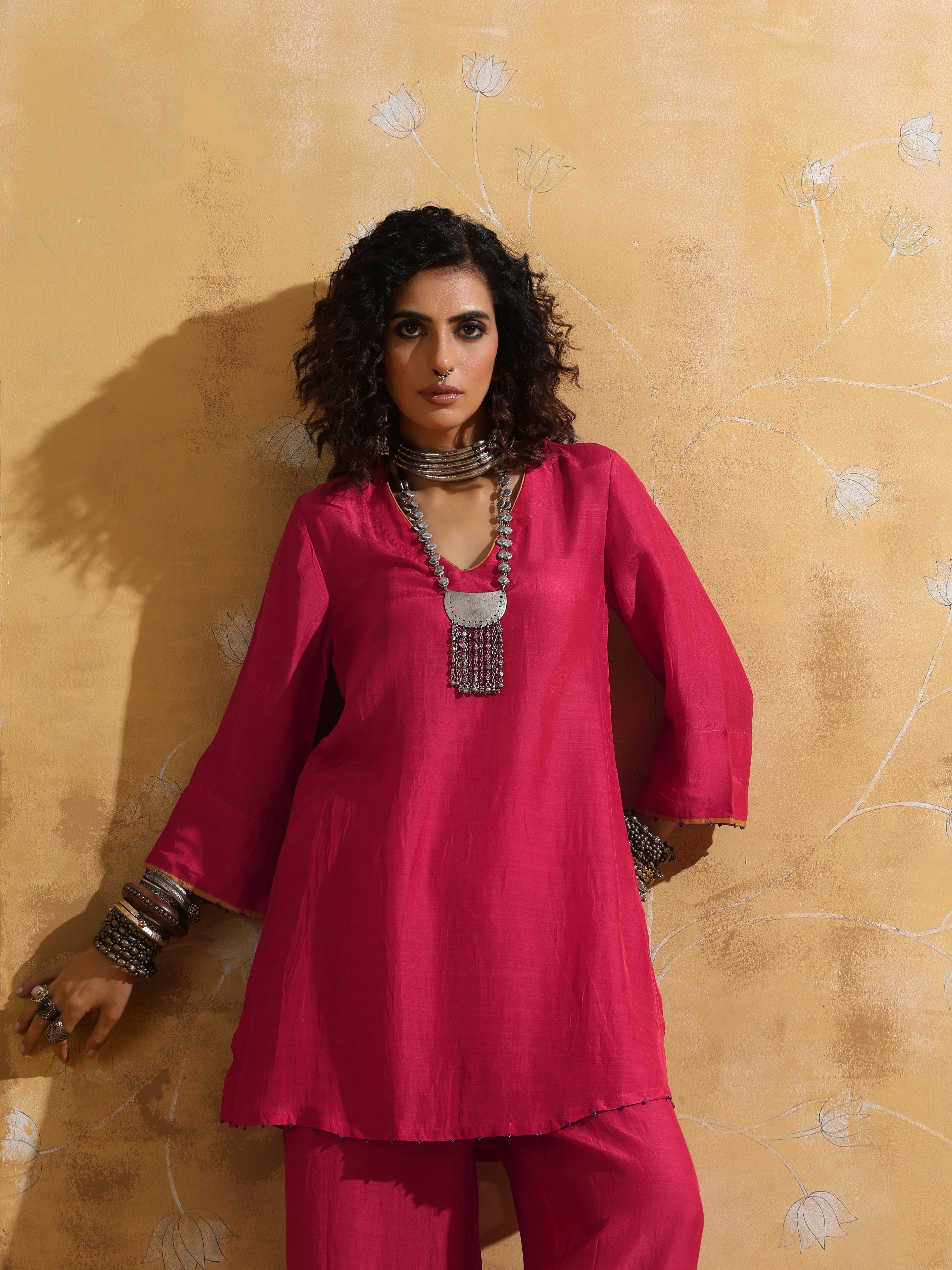 trueBrowns Pink Muslin Silk Co-ord Set with Flared Pants