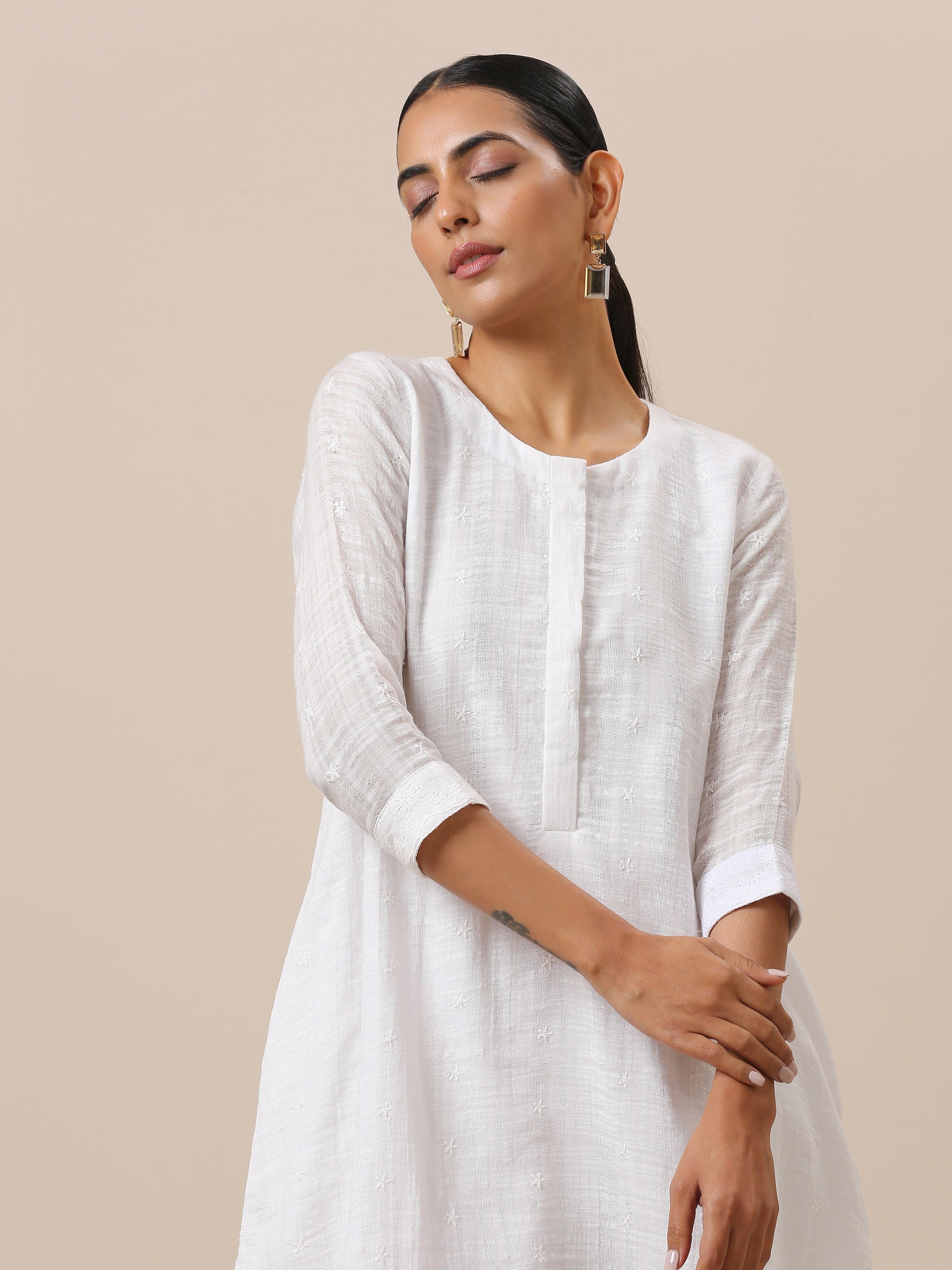 Cotton White Embroidered Short Co-Ord Set - trueBrowns
