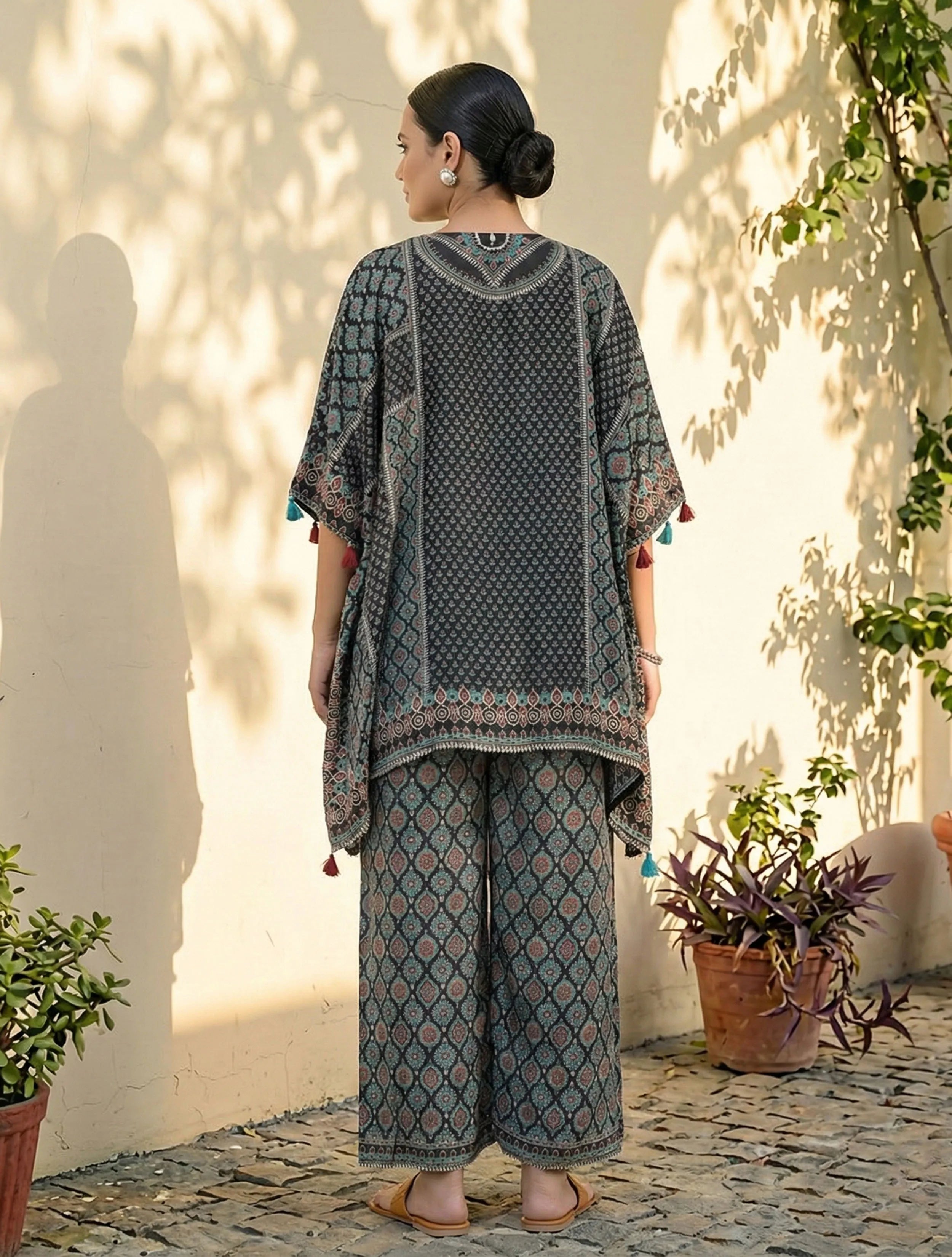 trueBrowns Black Print Embroidered Kaftan Co-Ord Set