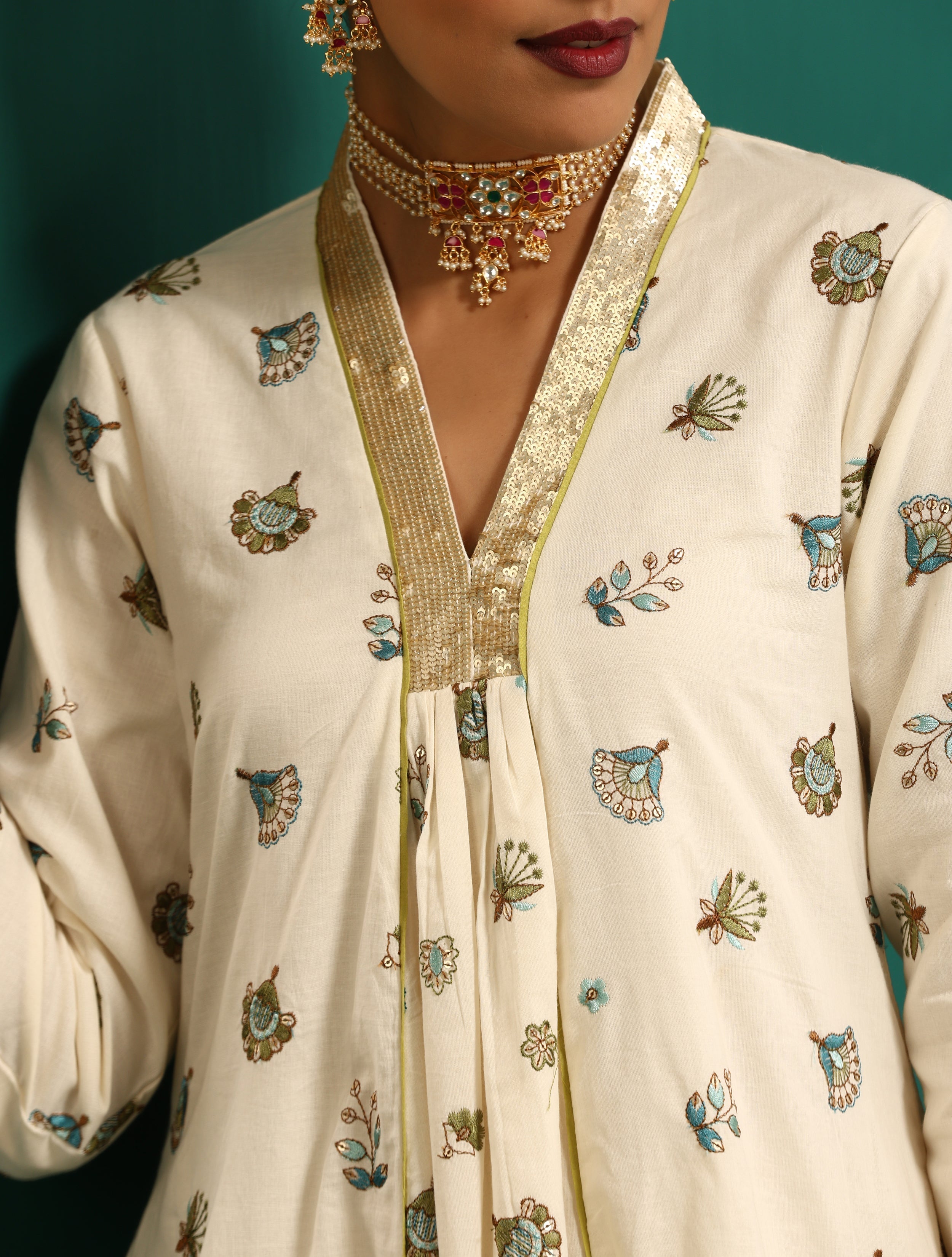 trueBrowns Ivory Blue Embroidered Kurta Pant Set