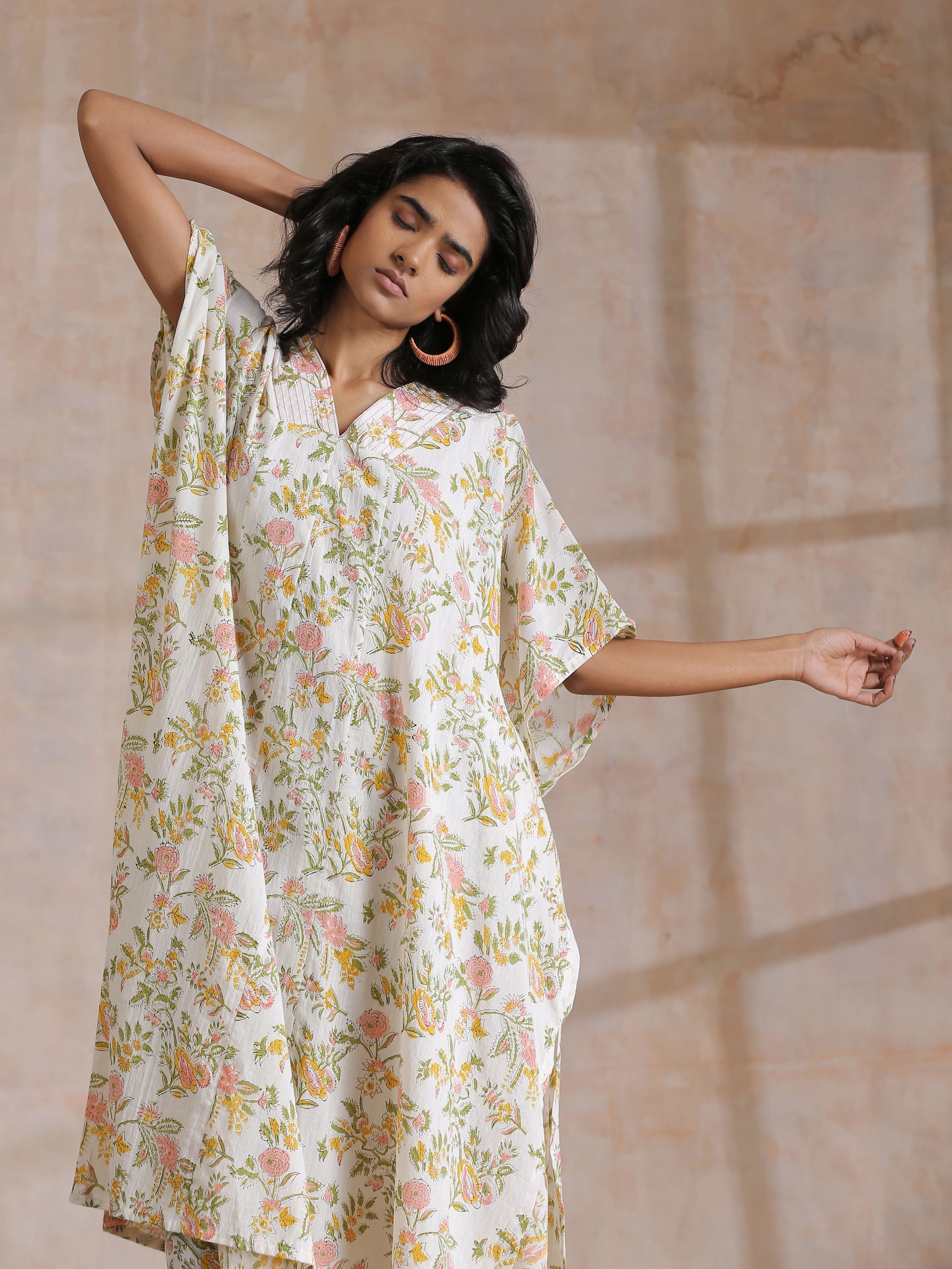 Pink Yellow Floral On White Block Print Cotton Panel Kaftan Kurta Pant Set