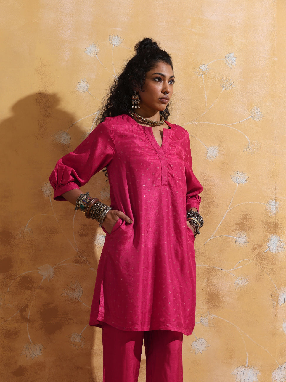 trueBrowns Pink Viscose Silk Kurta Co-ord Set