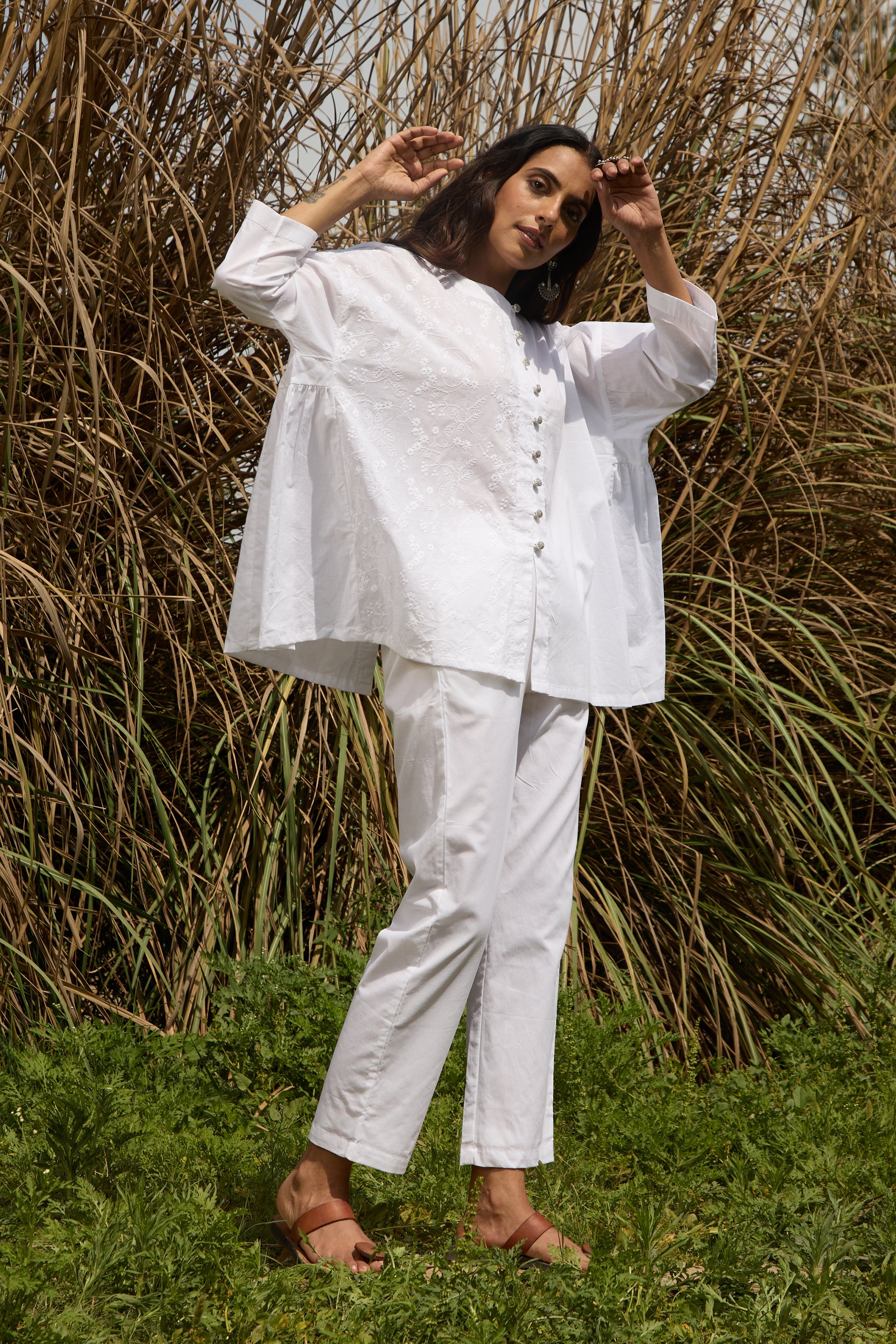 trueBrowns White Cotton Embroidered Relaxed Co-ord Set