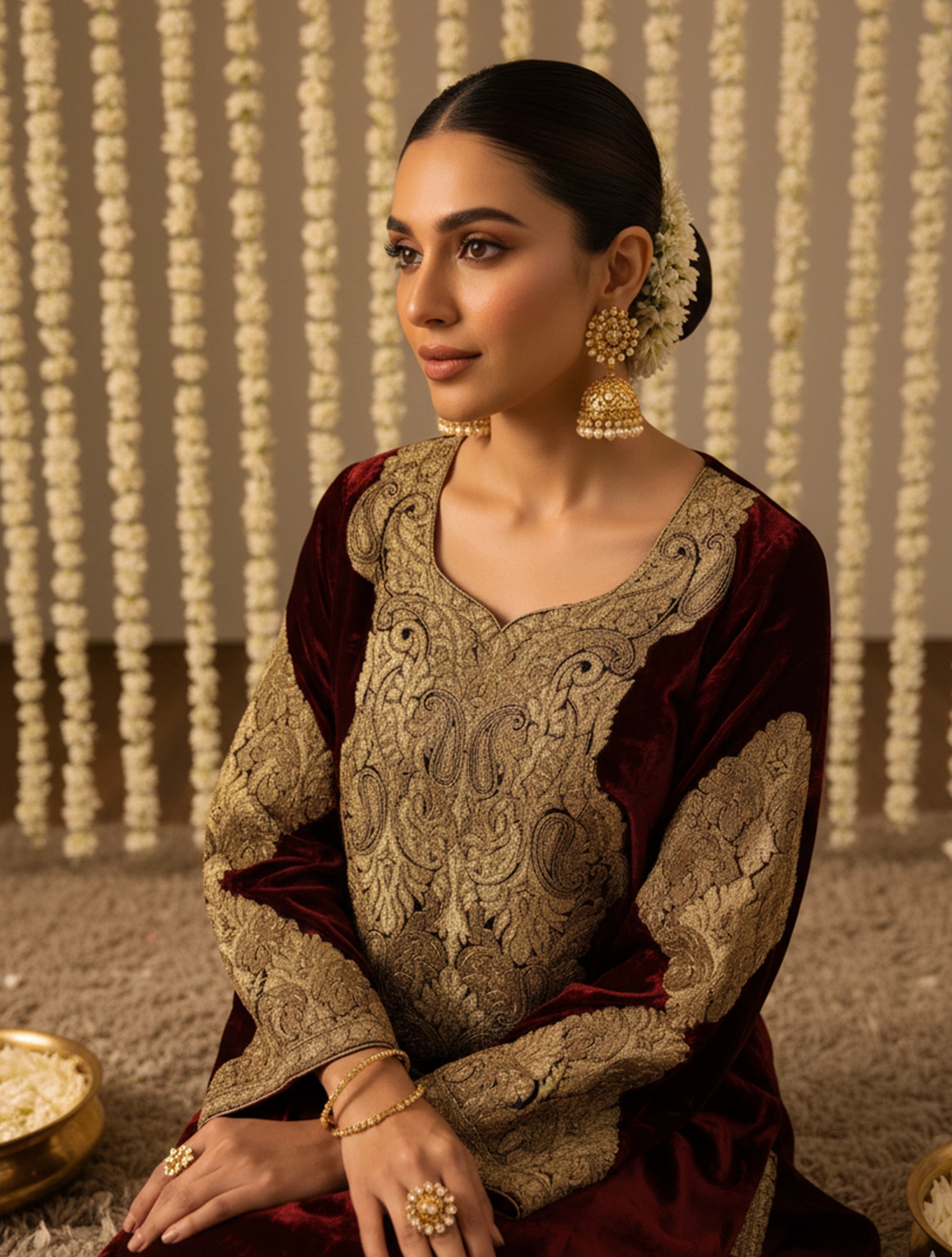 trueBrowns Maroon Velvet Embroidered Chogha Pants Dupatta Set