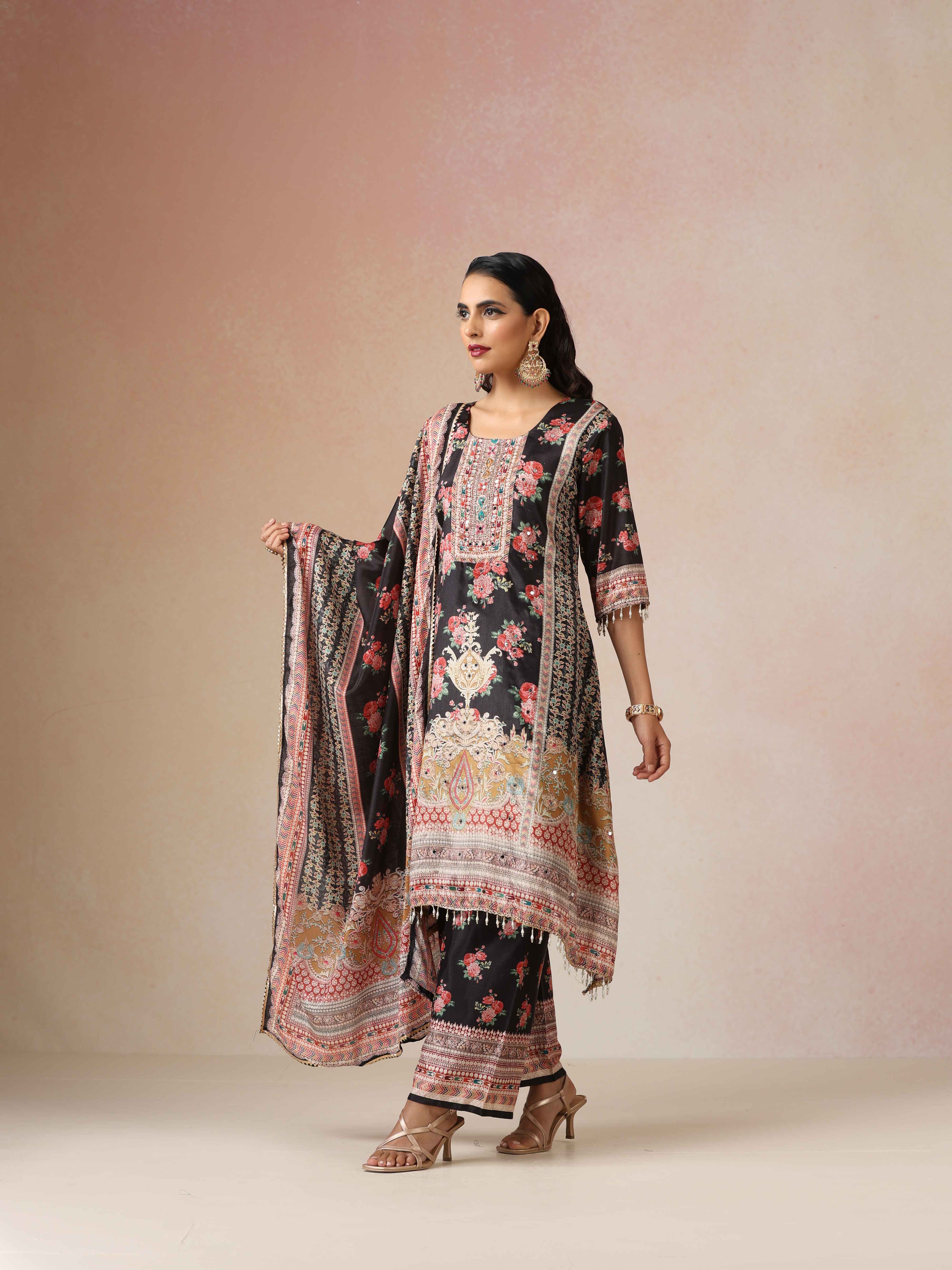trueBrowns Black Print A-Line Kurta 3pc Set