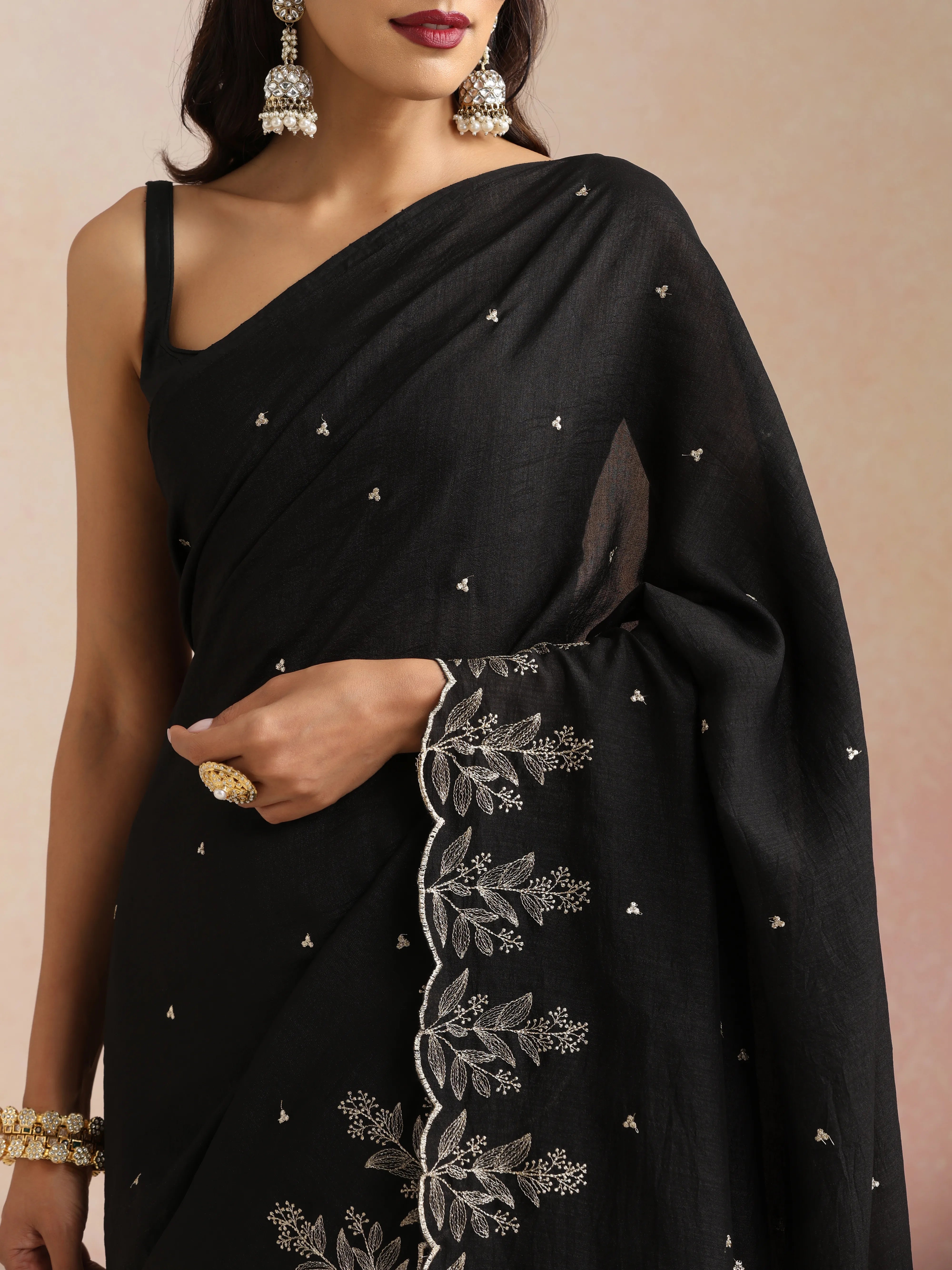 trueBrowns Black All Over Zari Embroidered Saree With Unstitched Blouse