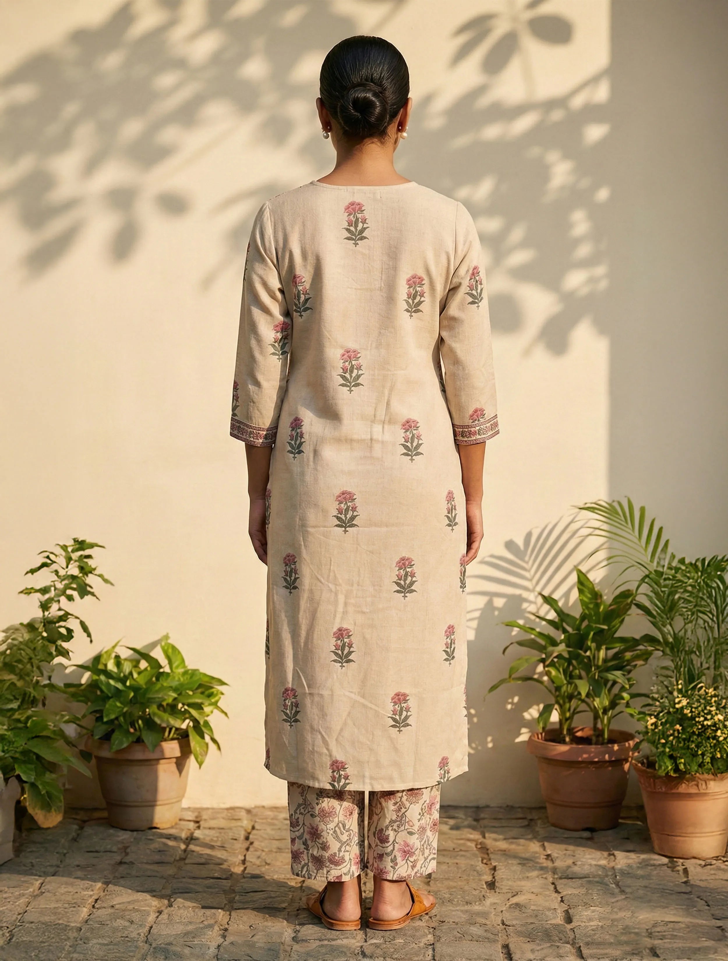 trueBrowns Ivory Floral Boota Print V-Neck Kurta Pant Set
