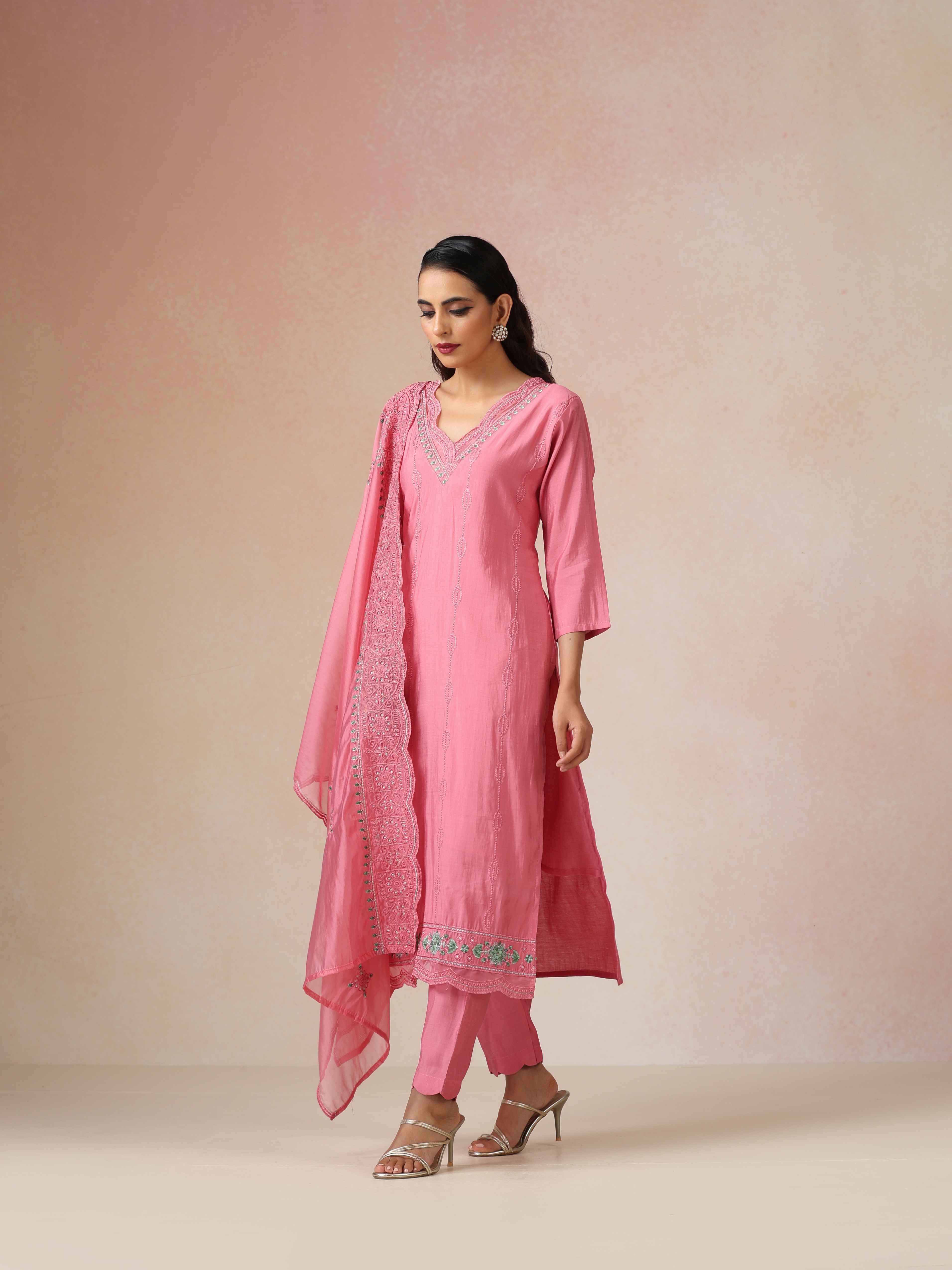 trueBrowns Pink Embroidered Kurta Pant Dupatta Set