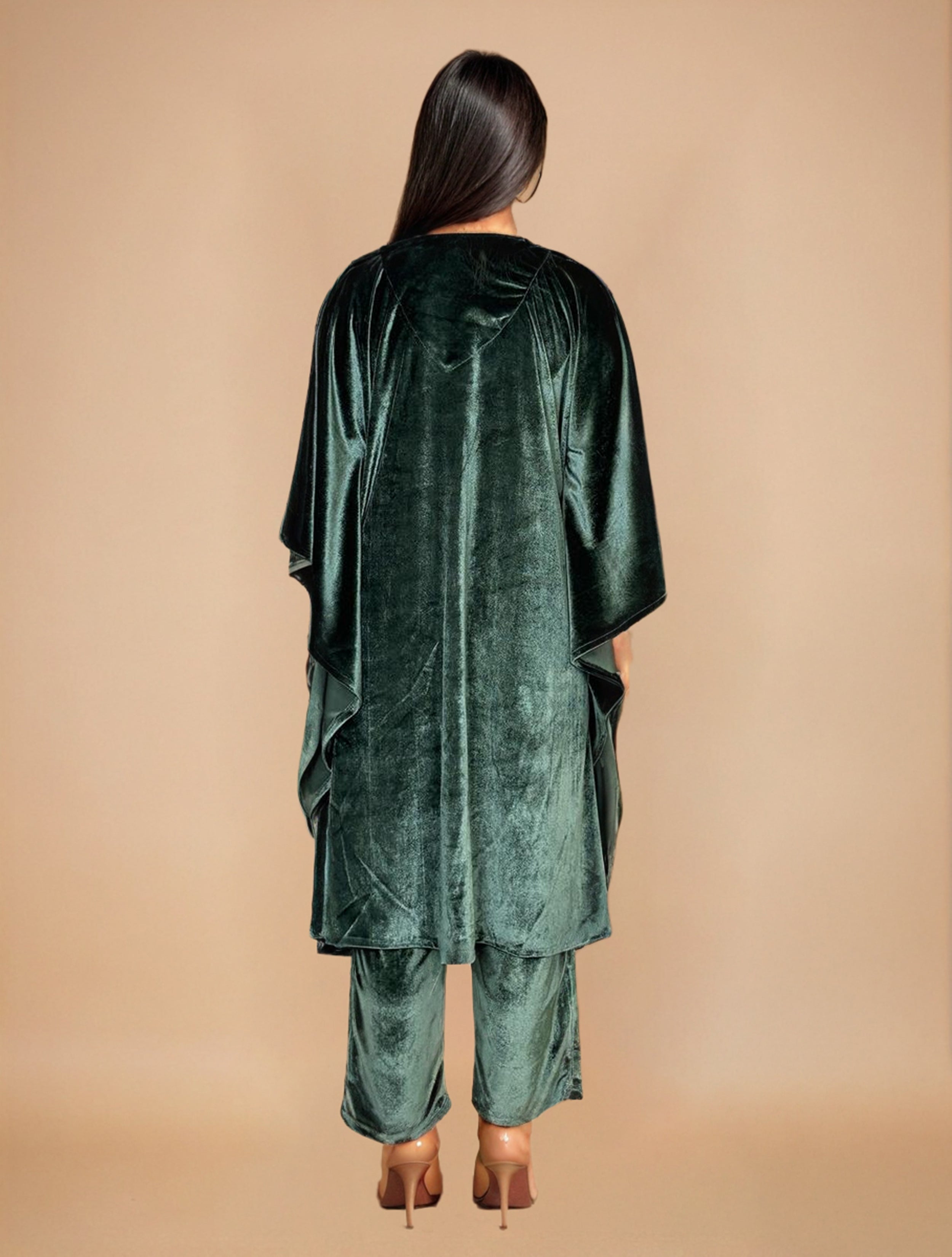 trueBrowns Olive Green Velvet Embroidered Kaftan Kurta Set