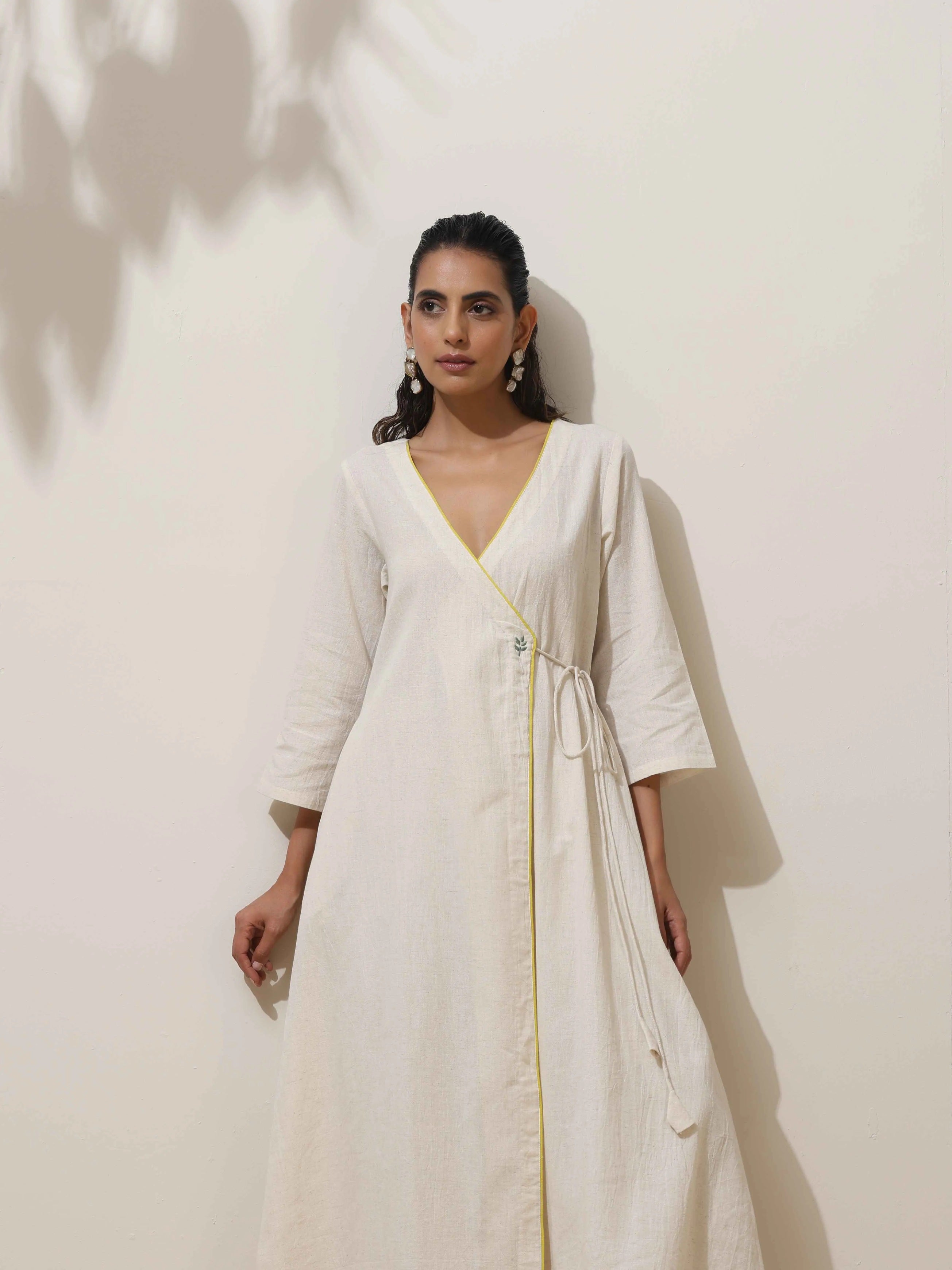 trueBrowns Off White Cotton Linen Angrakha Kurta Pant Set