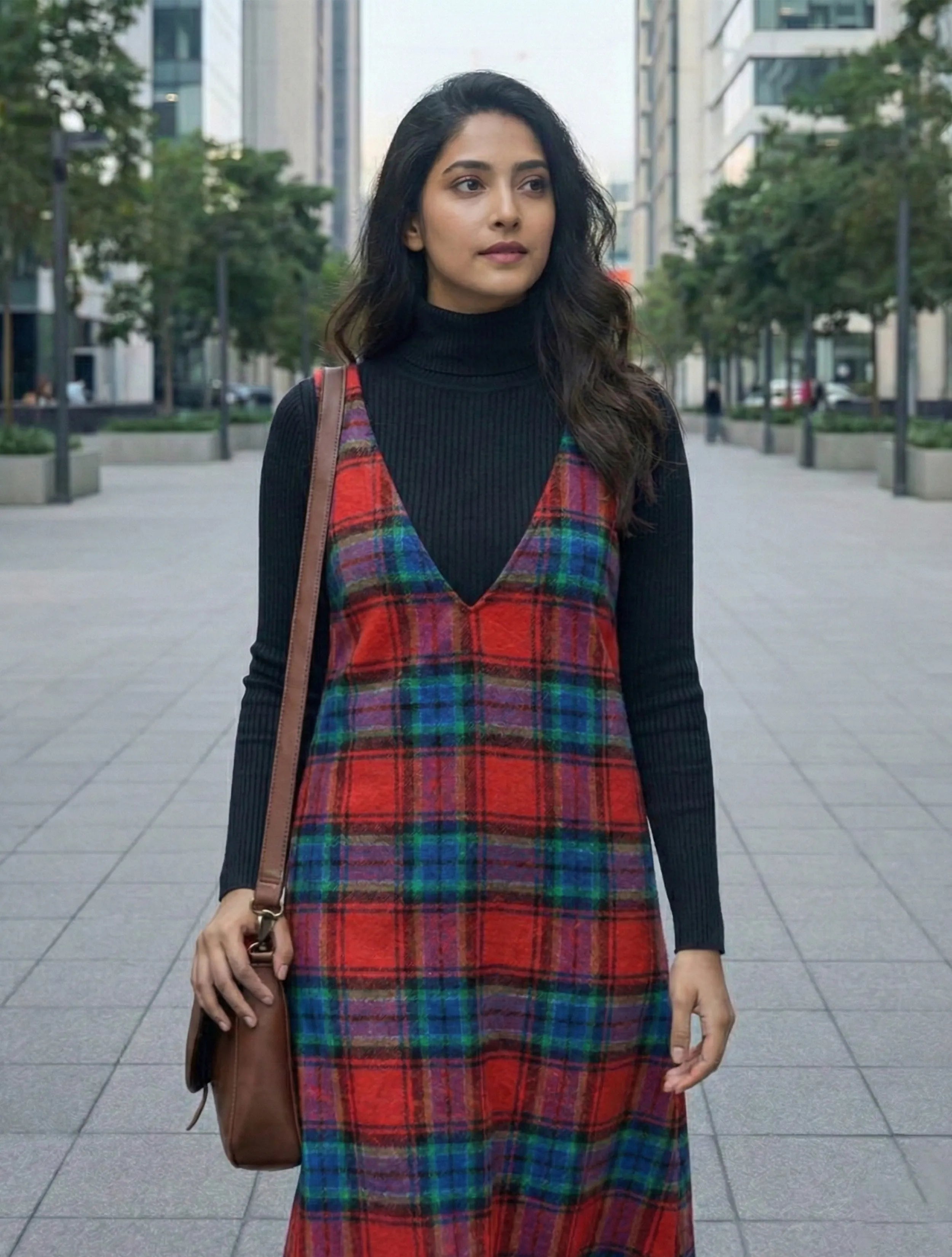 trueBrowns Red Blue Check Sleeveless A-Line Woollen Dress