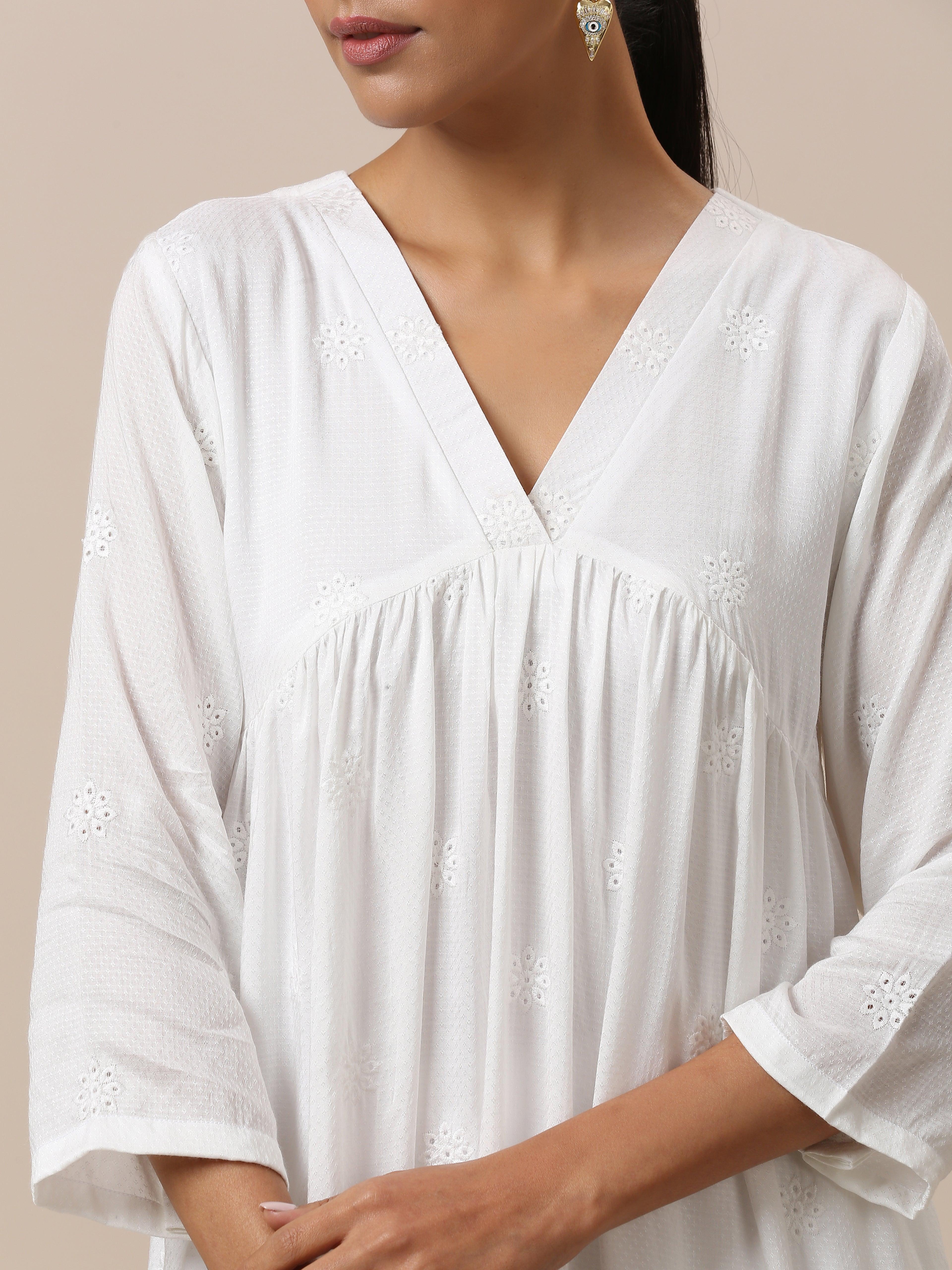 Cotton White Floral Embroidered Kurta Pant Set - trueBrowns