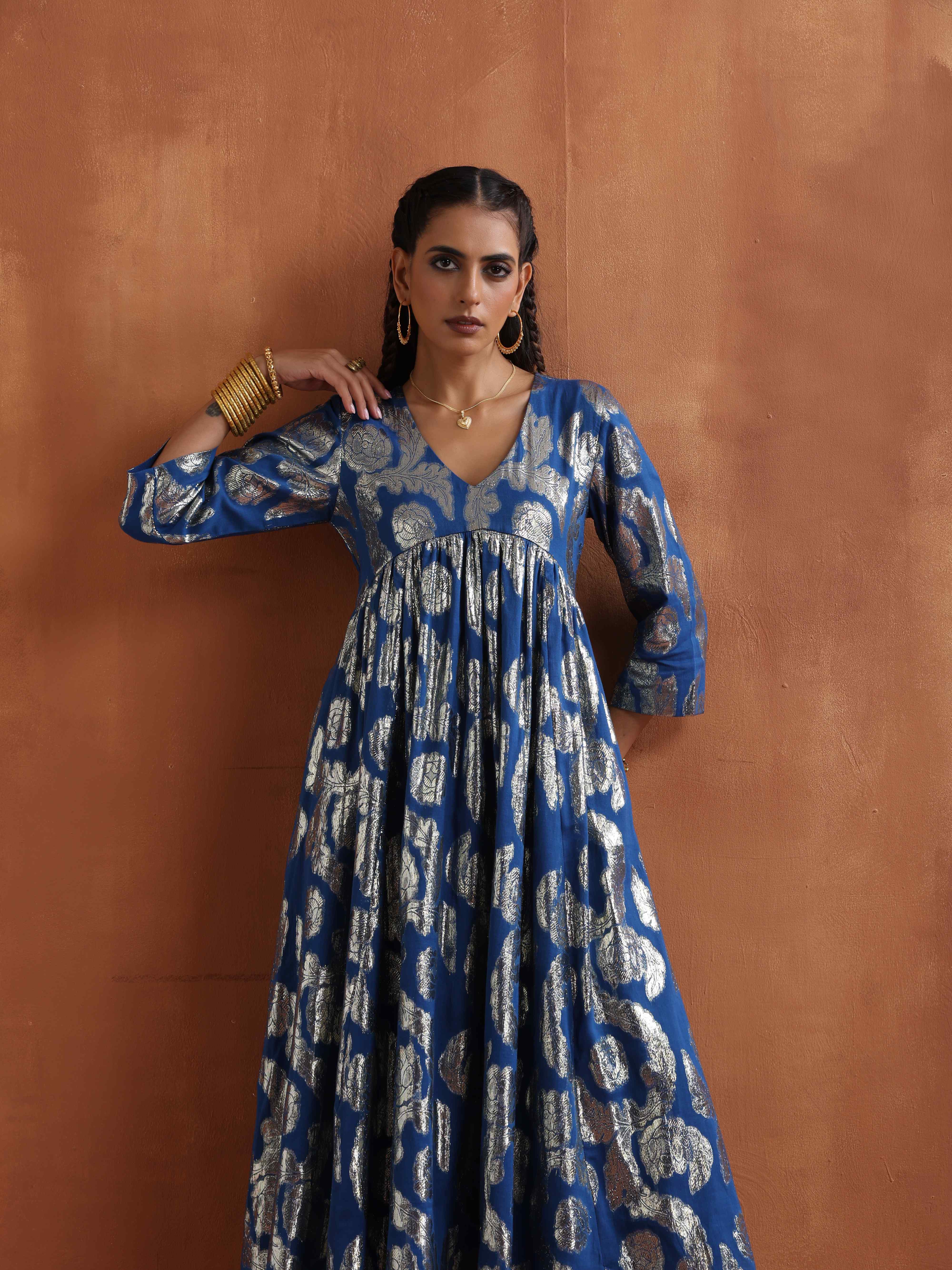 trueBrowns Blue Metallic Flared Anarkali Kurta Set