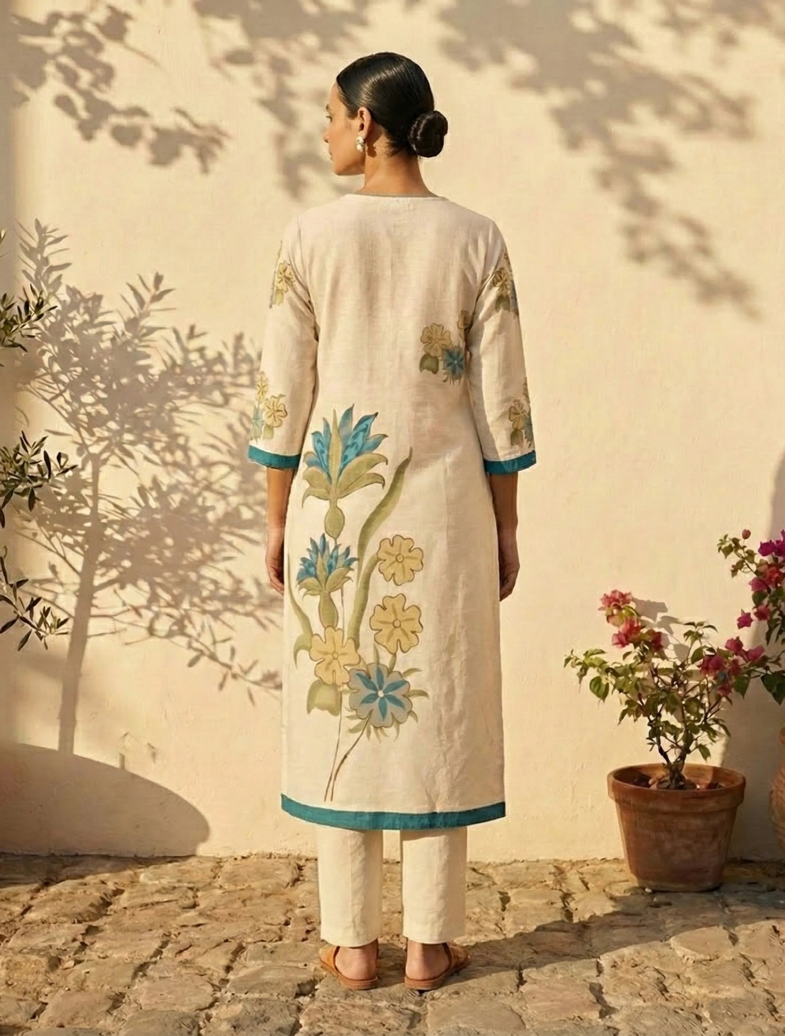 trueBrowns Ivory Blue Floral Print V-Neck Kurta Pant Set