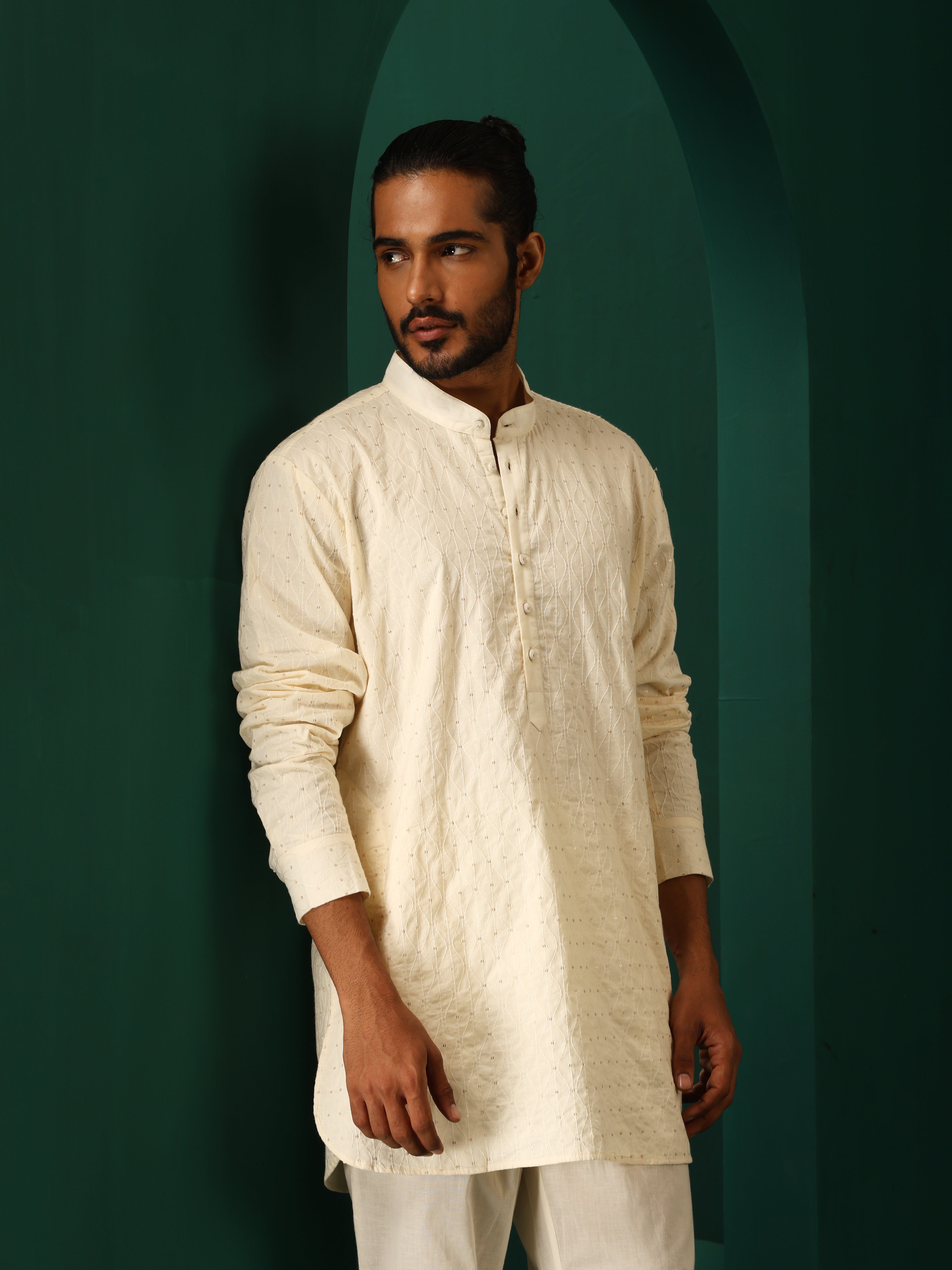 trueBrowns Men Ivory Embroidered Co-ord Set