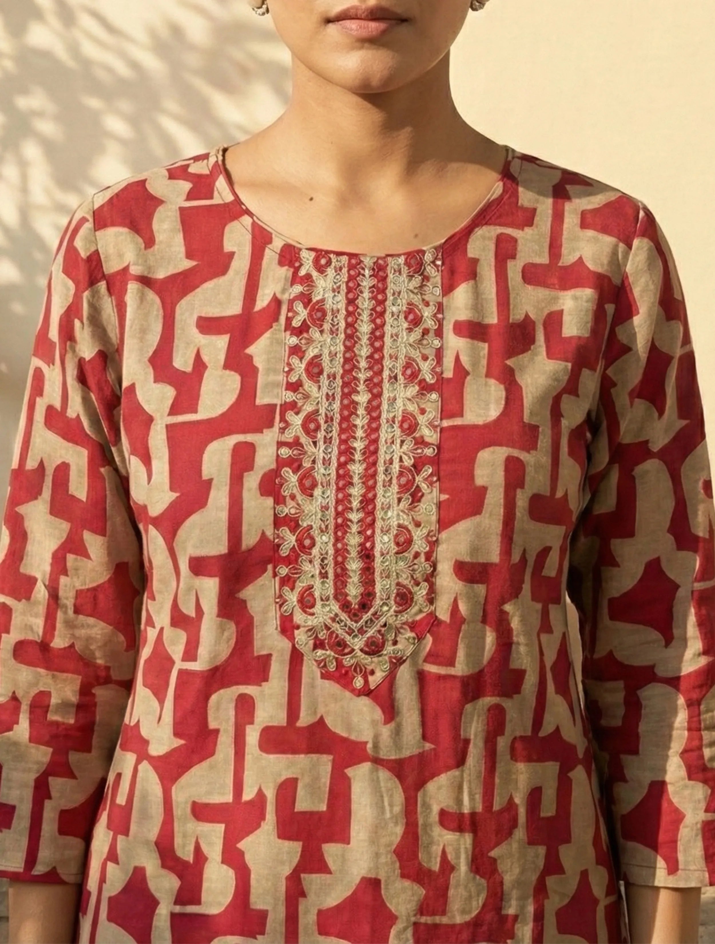 trueBrowns Pink Abstract Print Embroidered Kurta Pant Dupatta Set