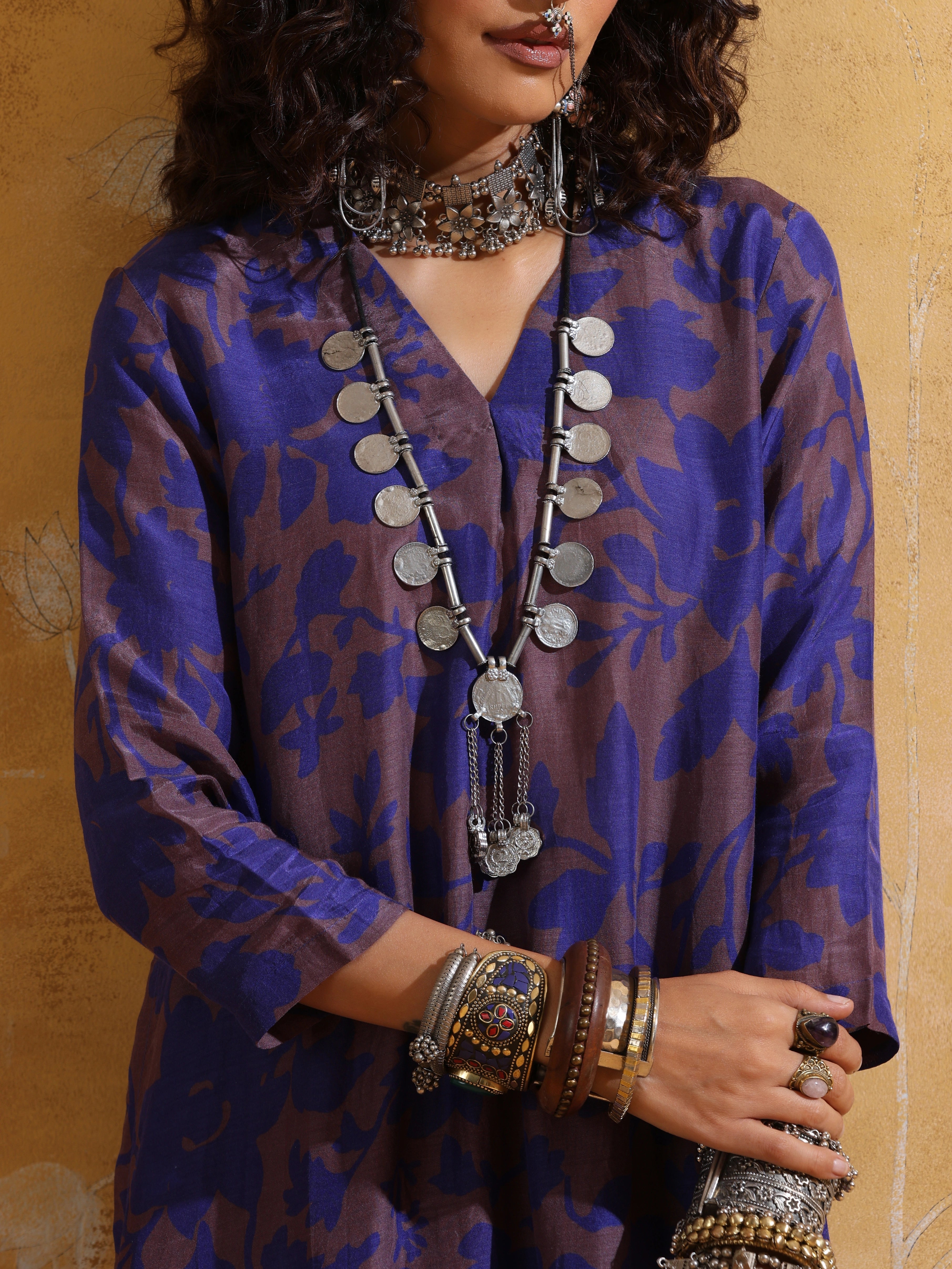 trueBrowns Purple Jaal Print Muslin Silk Straight Kurta Set