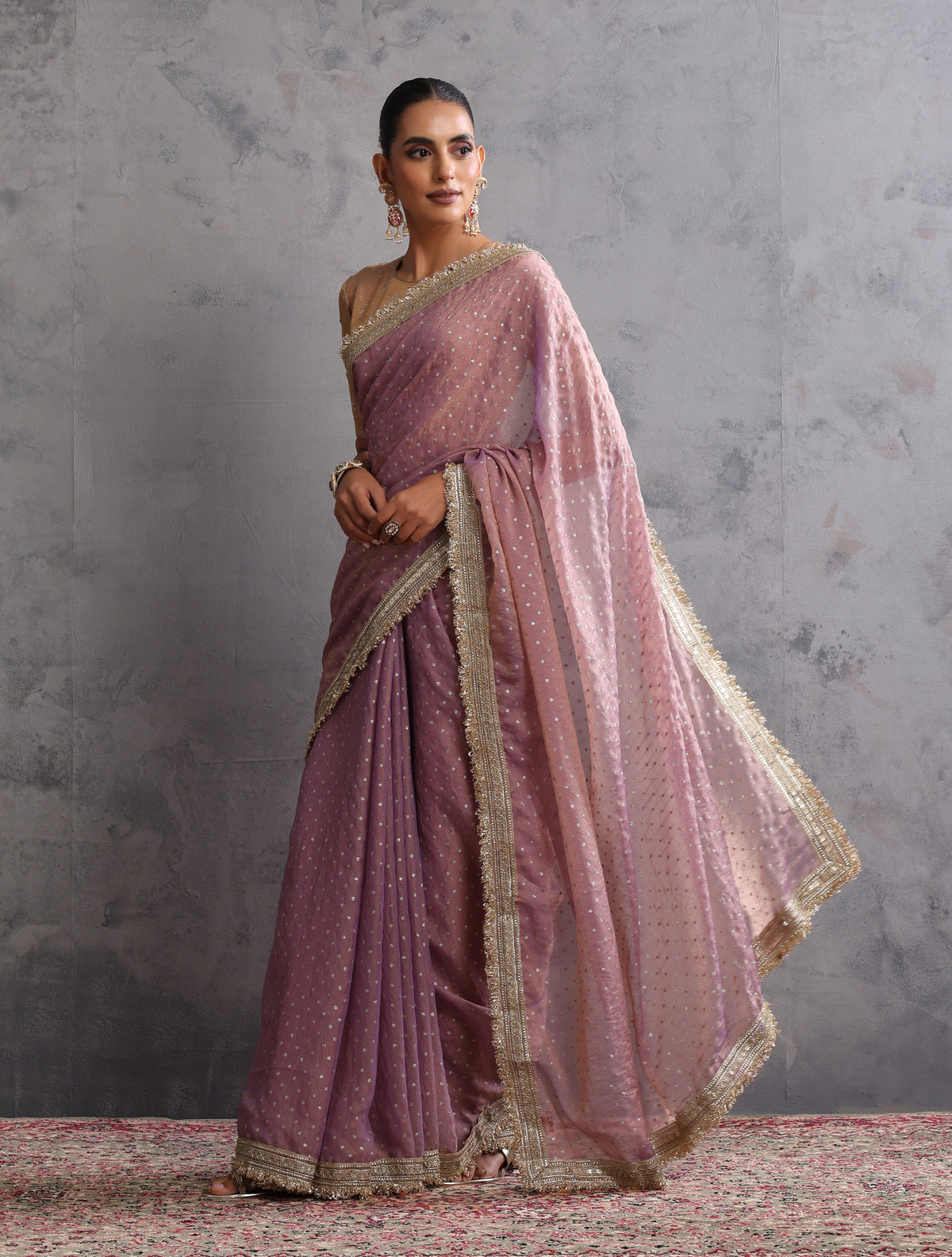 trueBrowns Lilac Tissue Foil Printed Saree With Unstitched Blouse