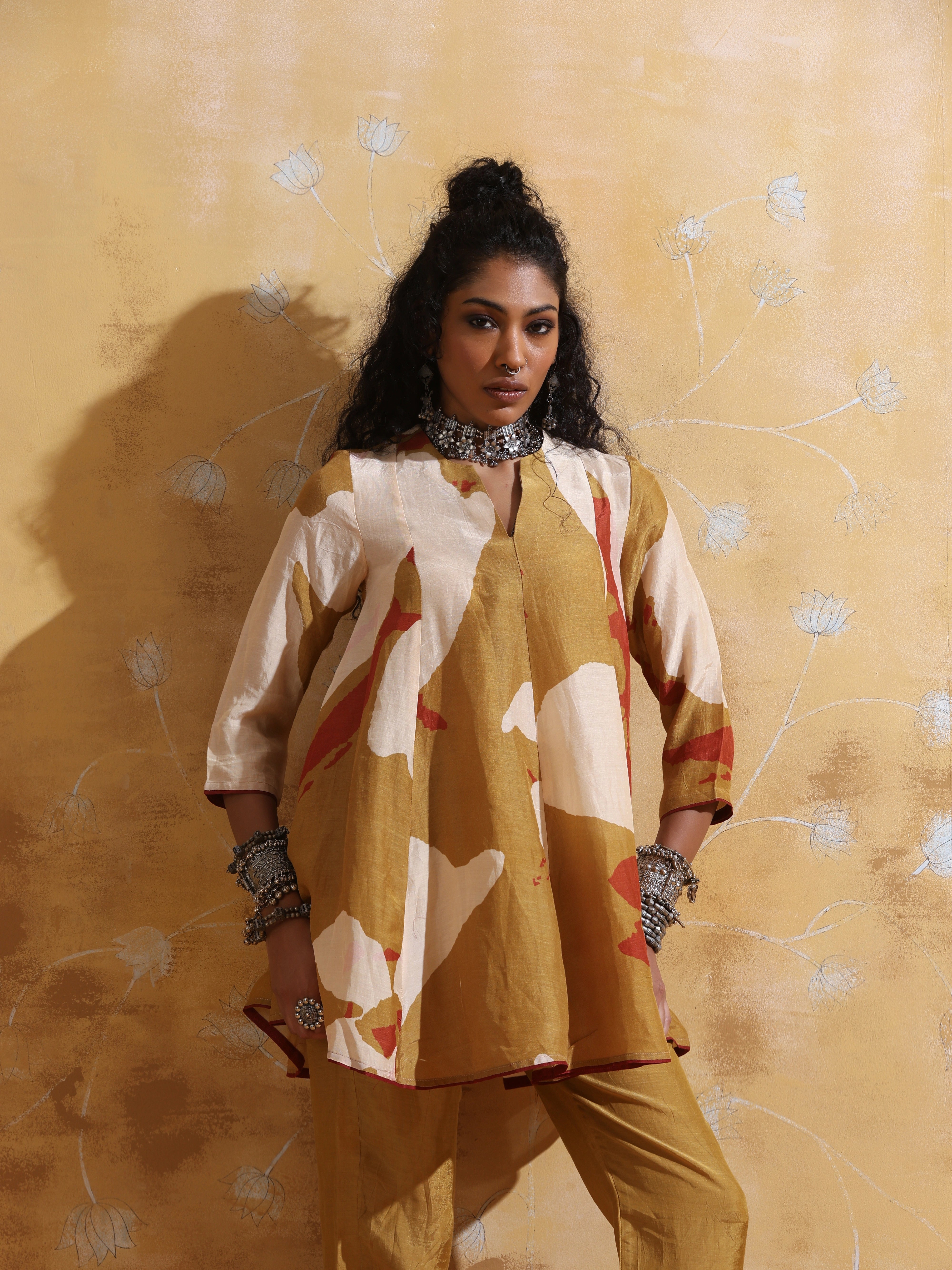 trueBrowns Mustard Rust Red Floral Print Muslin Silk Flared Co-ord Set