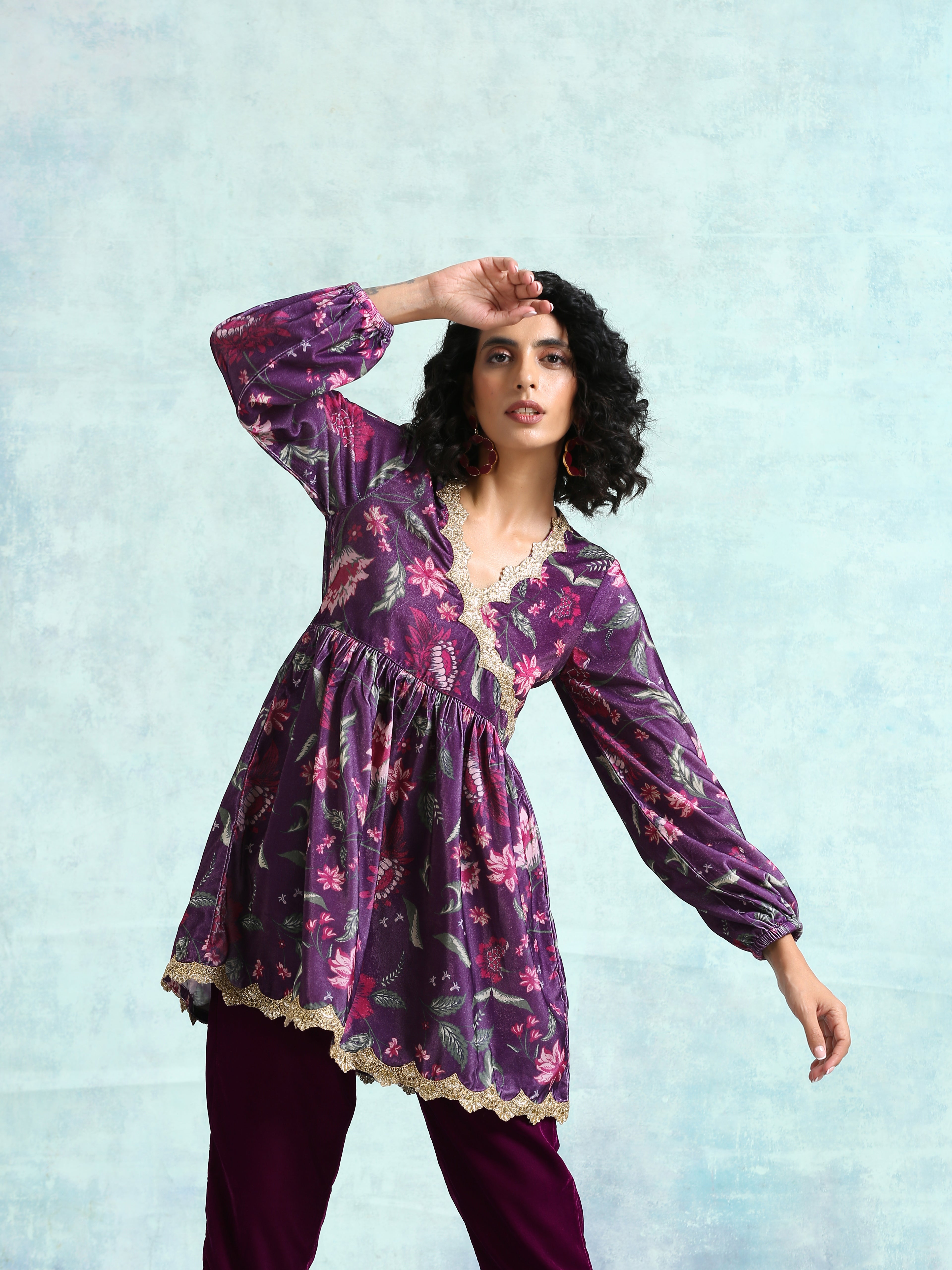 Wine Printed Velvet Lace Co-Ord Set