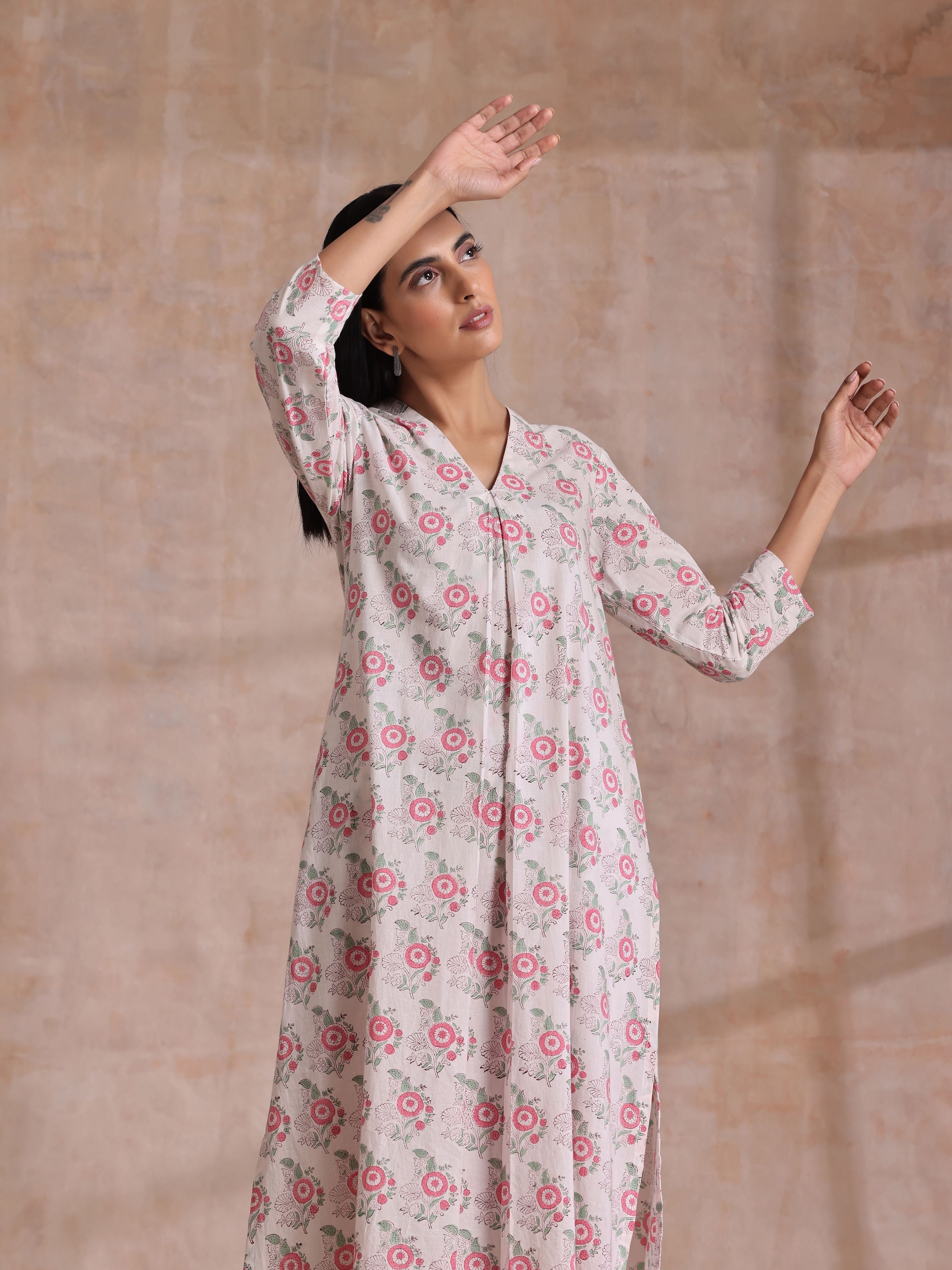 Pink Green Buta On White Block Print Cotton Slit Kurta Pant Set