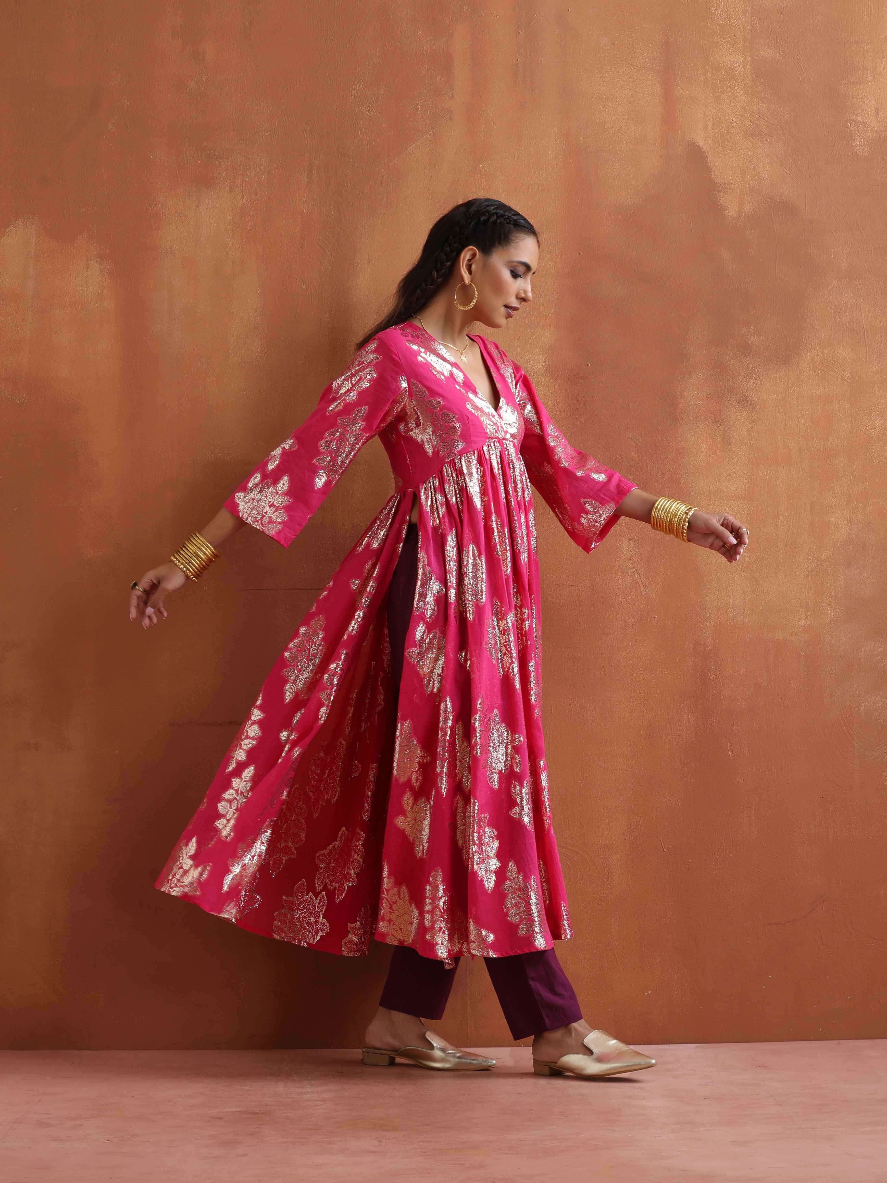 trueBrowns Pink Metallic Flared Anarkali Kurta Set