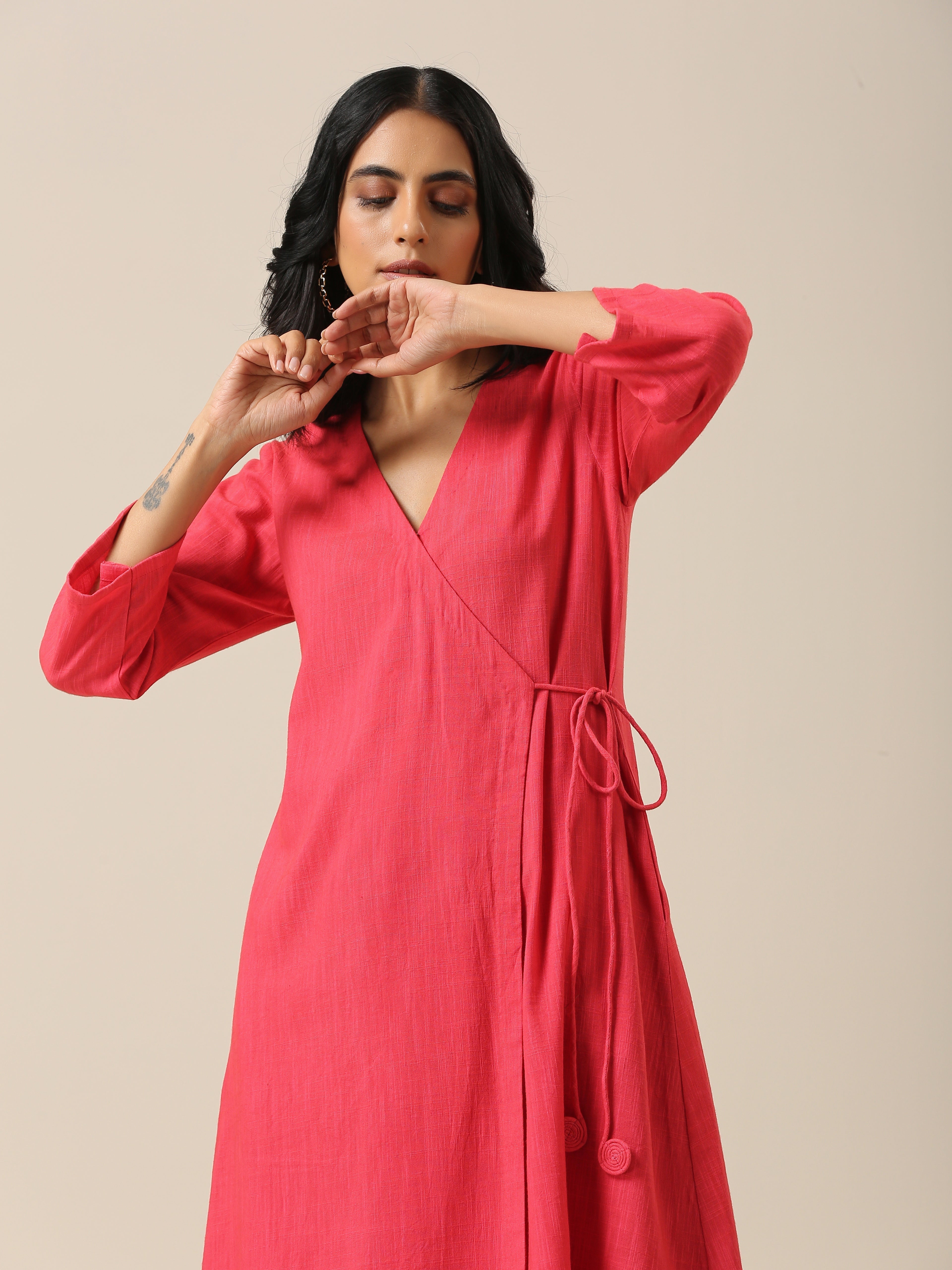 Bright Pink Slub Texture Angrakha Pant Set