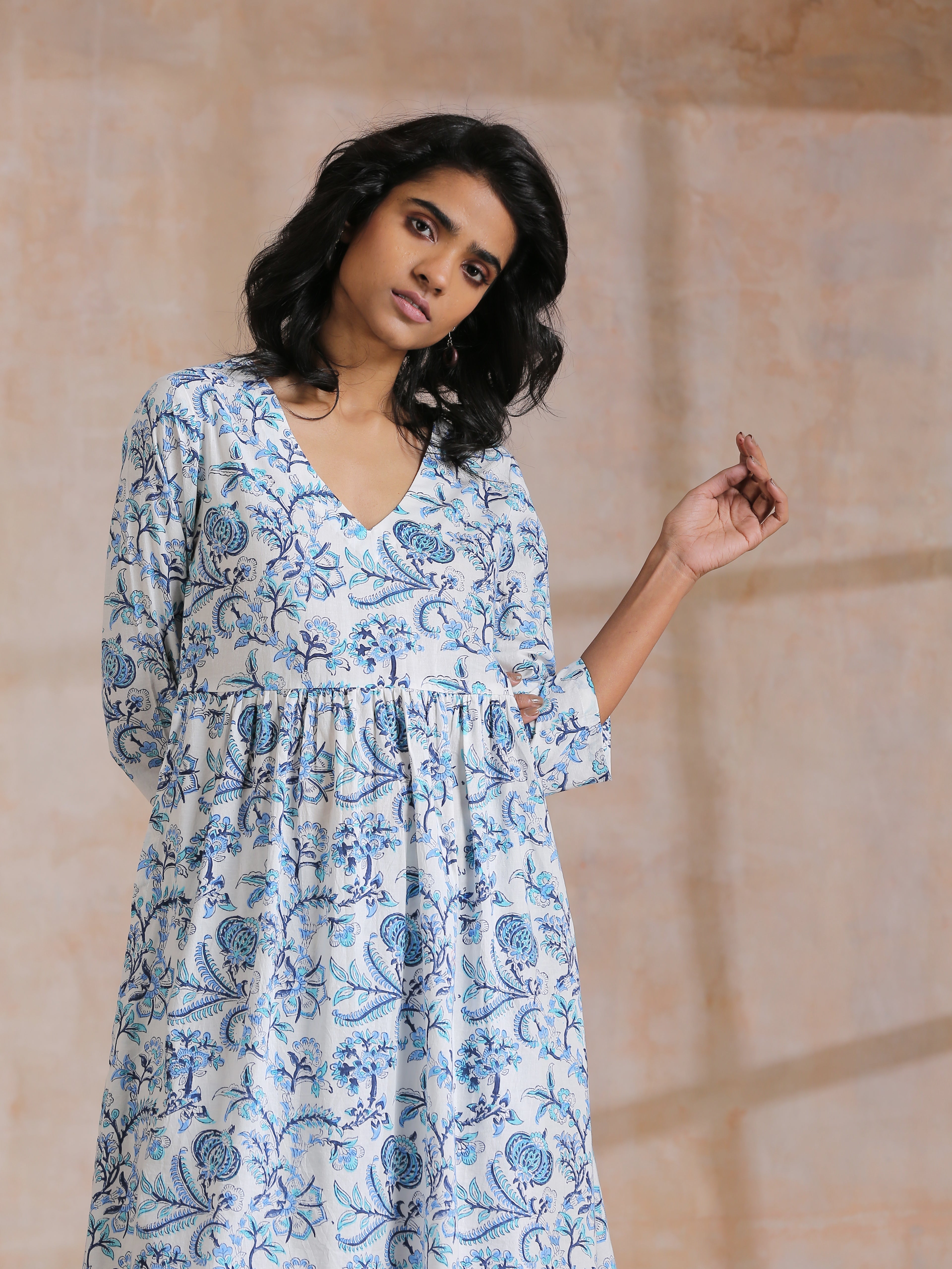 White With Overall Blue Print Cotton Slit Gathered Kurta Set