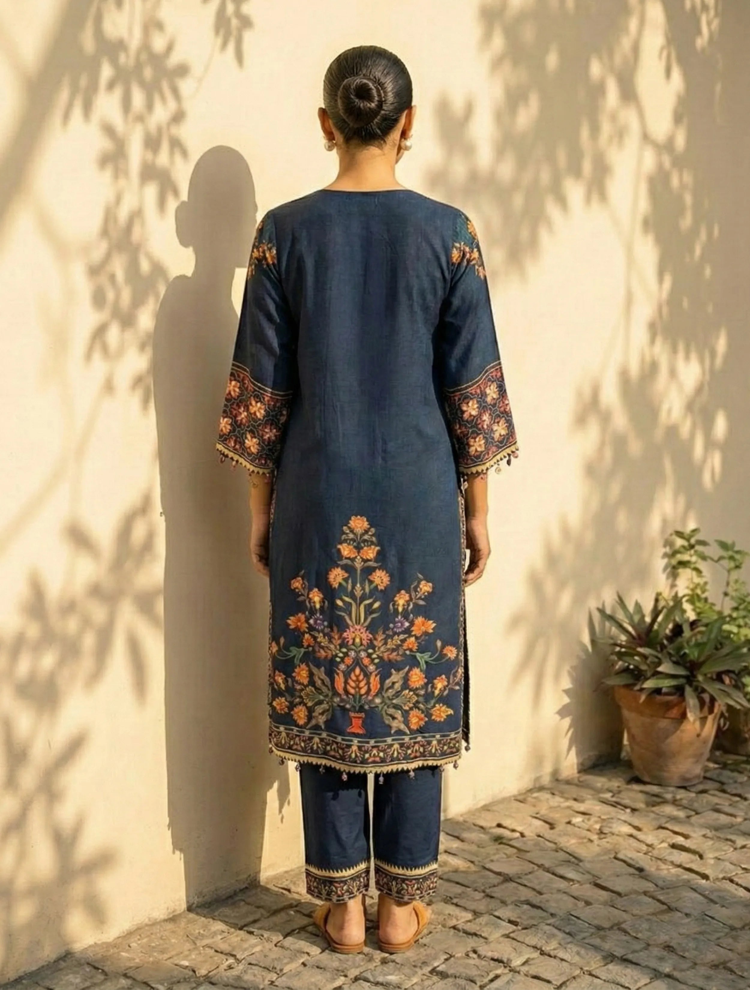 trueBrowns Blue Print Embroidered Straight Kurta Pant Dupatta Set
