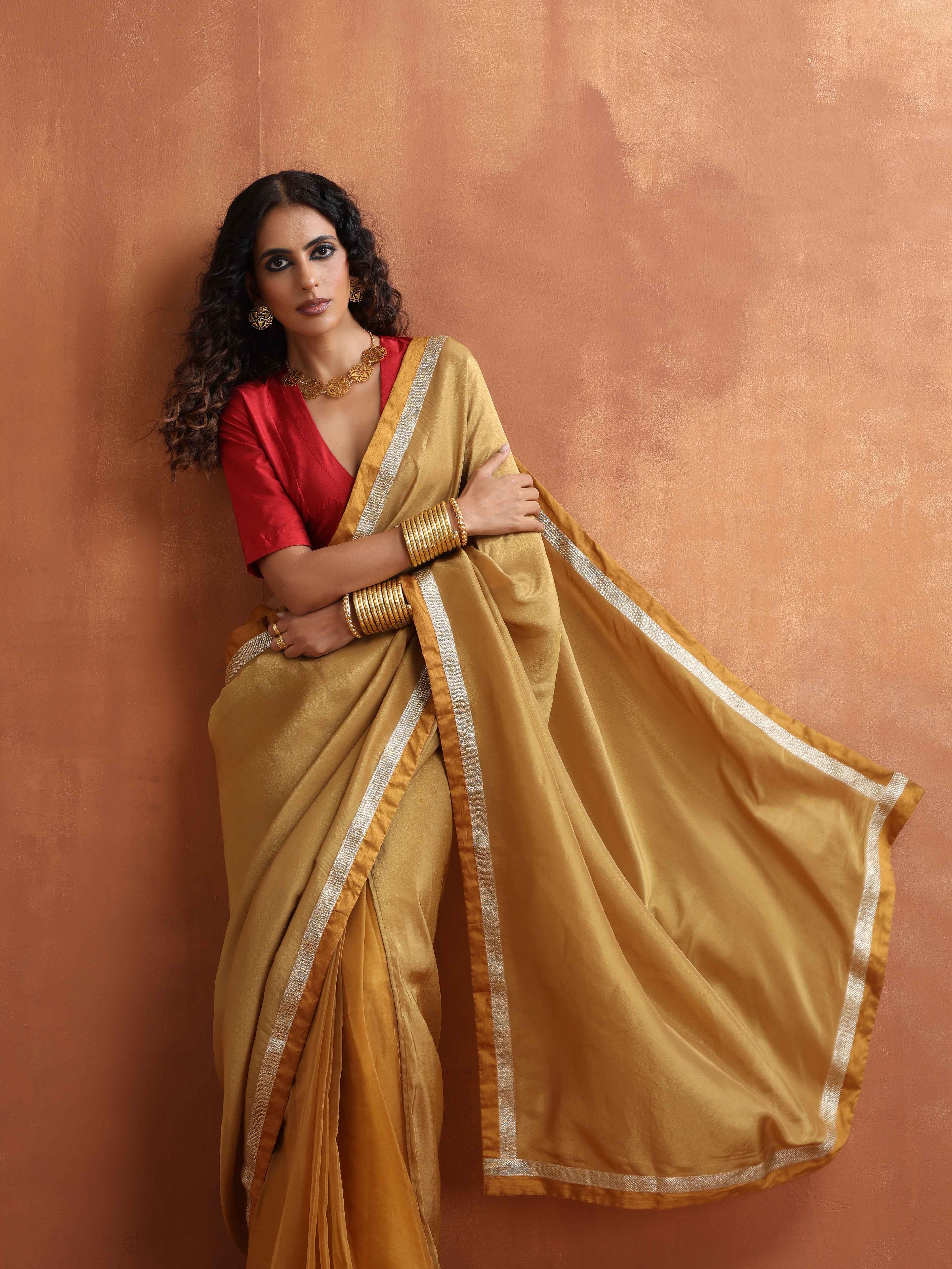 trueBrowns Gold Tissue Ready To Wear Saree