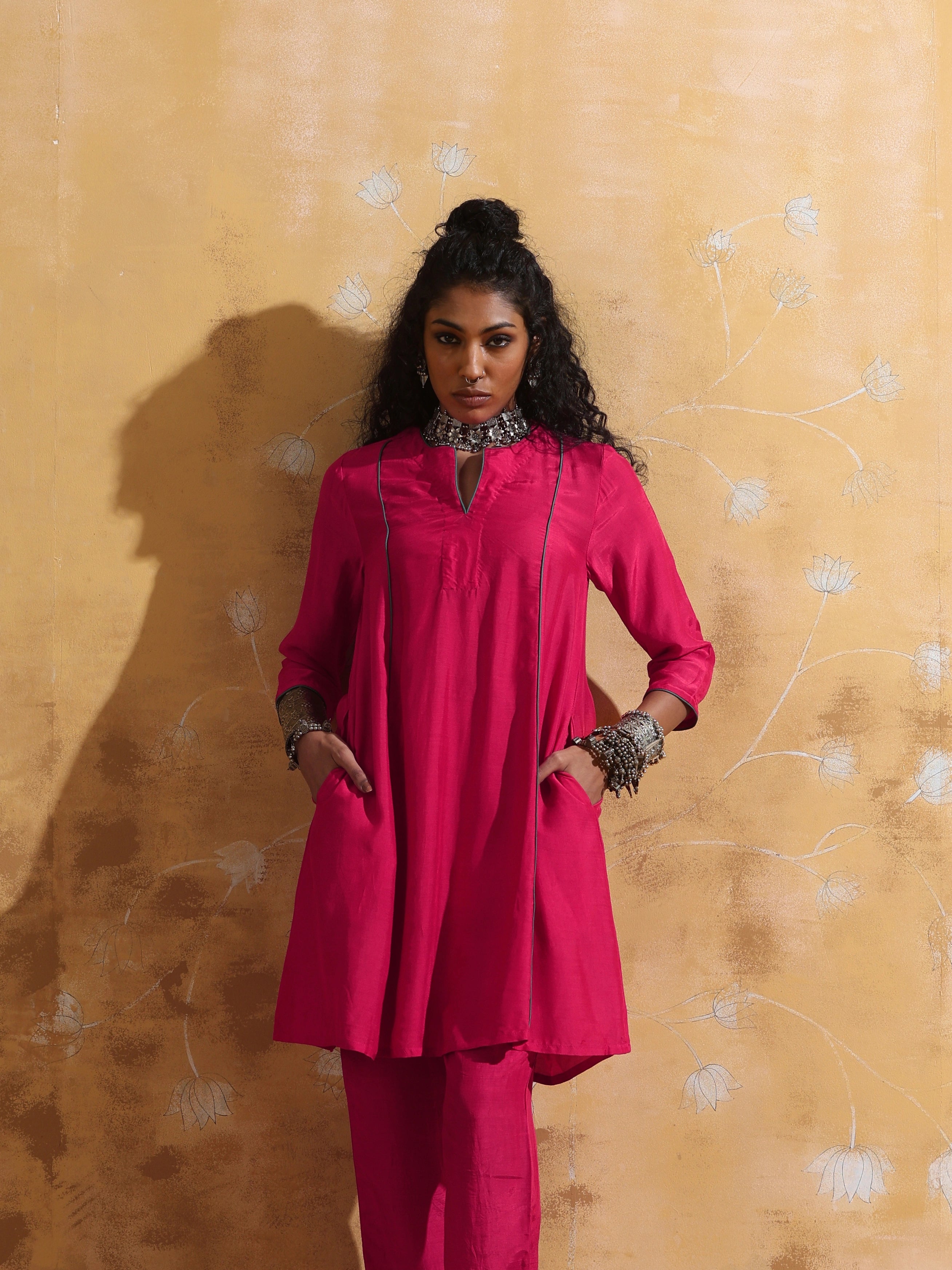 trueBrowns Pink Muslin Silk A-Line Kurta Co-ord Set