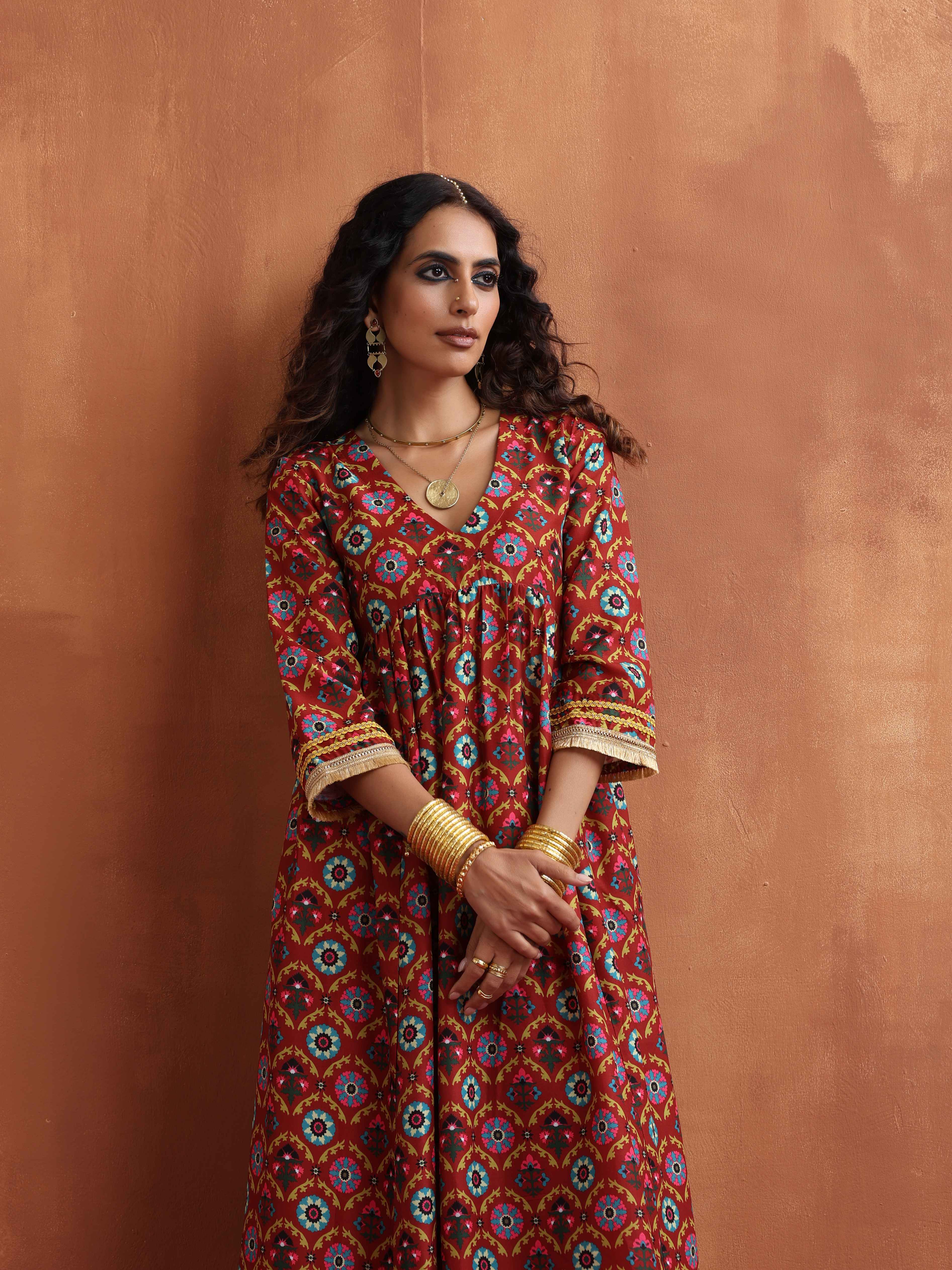 trueBrowns Maroon Print Flared Anarkali Kurta Set