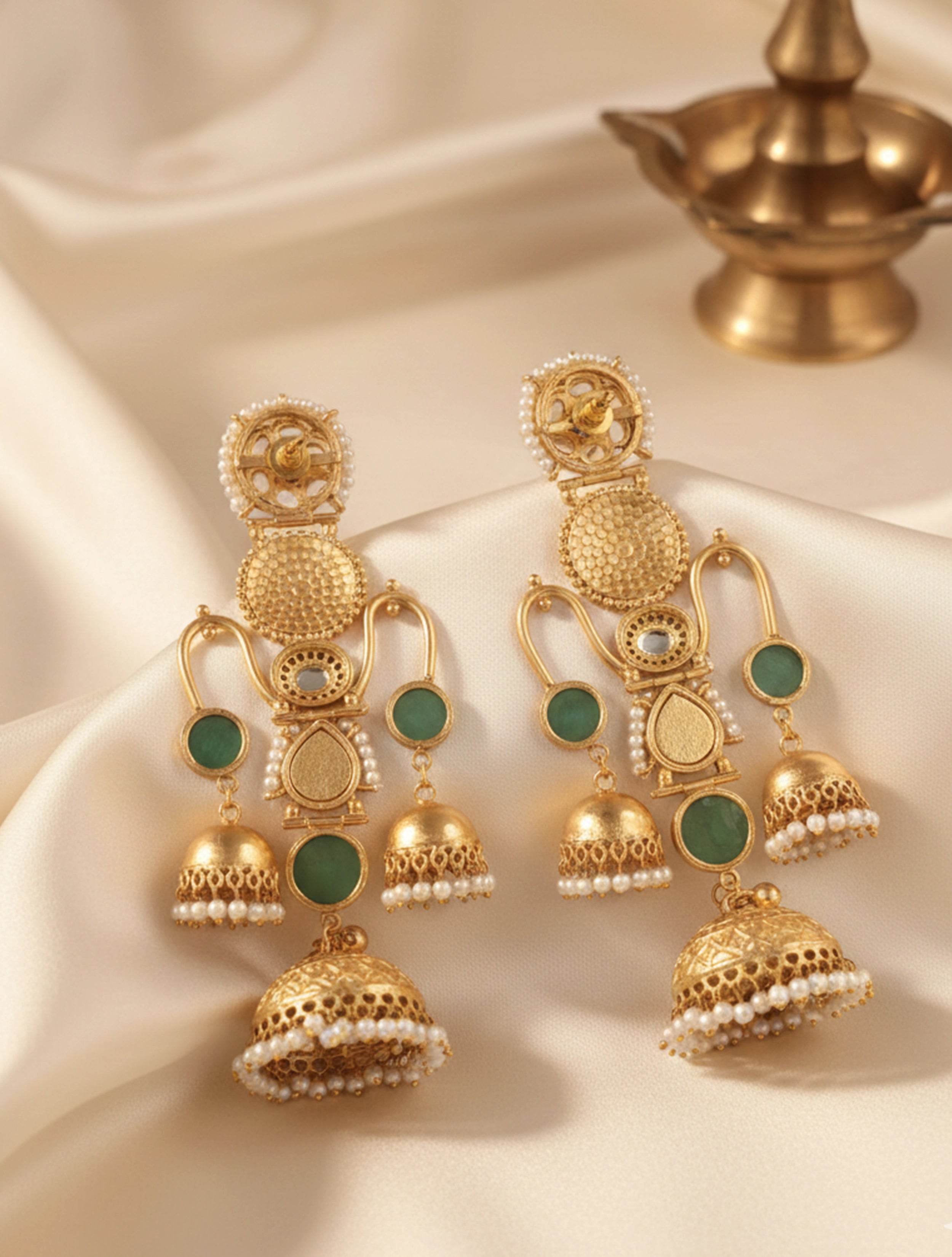 trueBrowns Kashmiri Green Kundan Pearl Earrings
