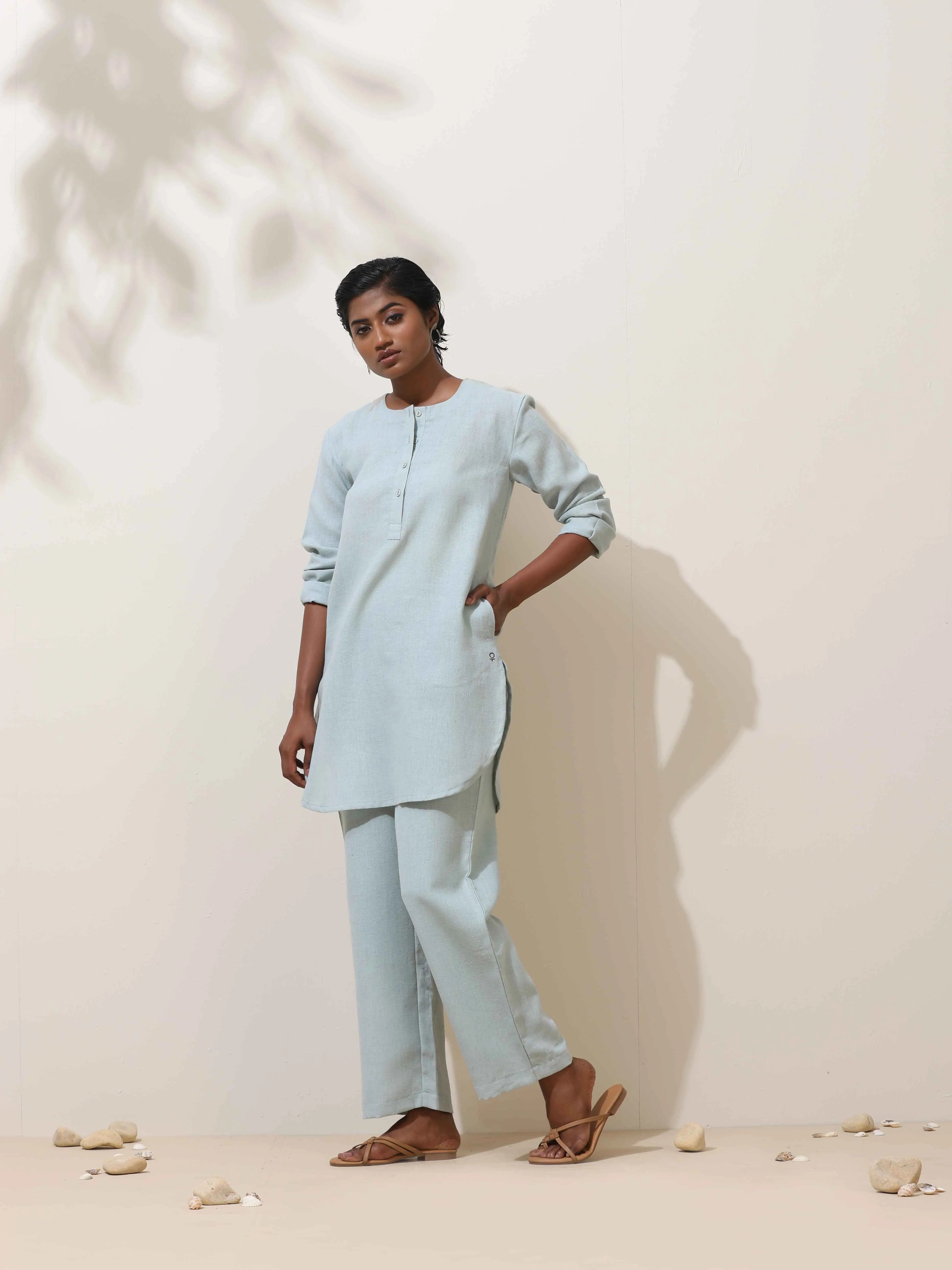 trueBrowns Ciel Blue Crochet Natural Cotton Kurta Co-ord Set