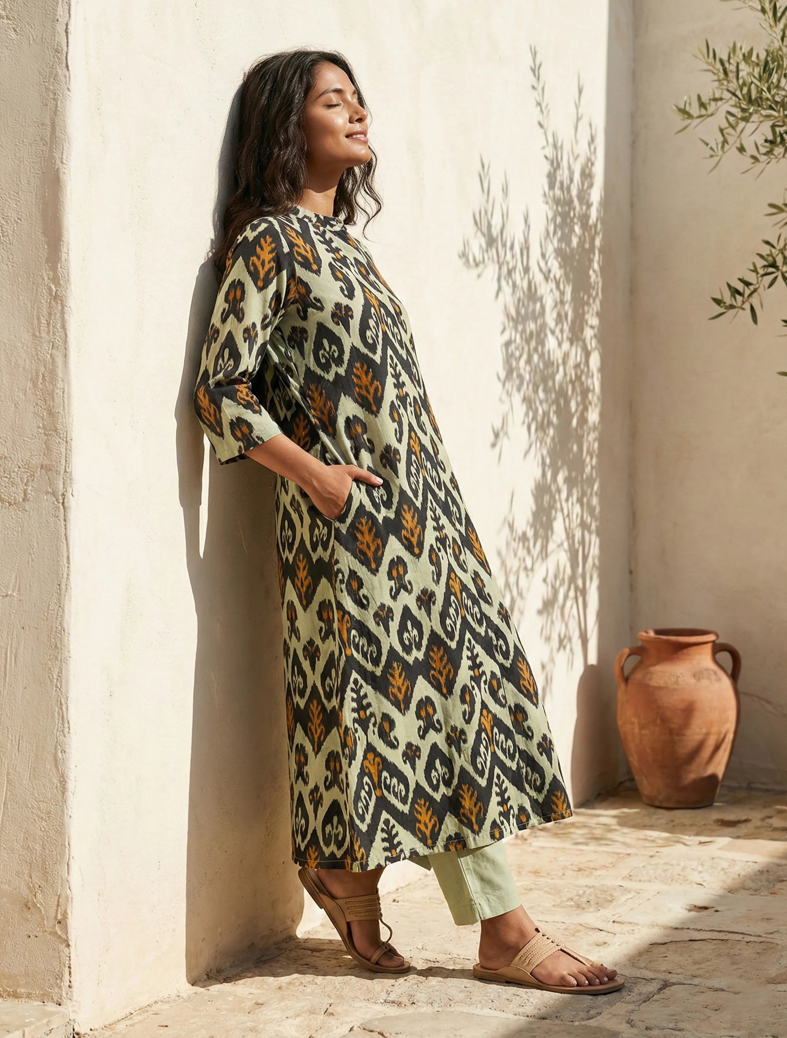 trueBrowns Mint Green Ikat Print Cotton Kurta Set