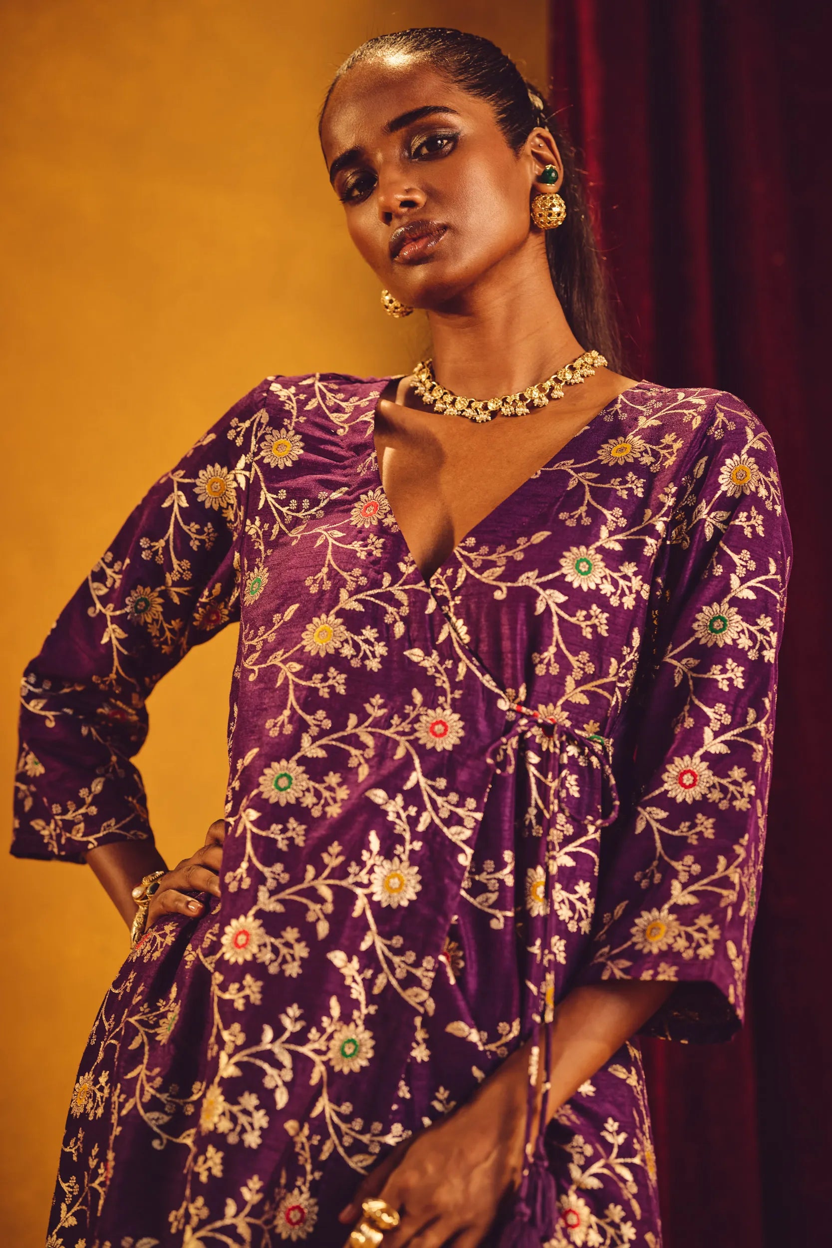 trueBrowns Purple Brocade Angrakha Kurta Set
