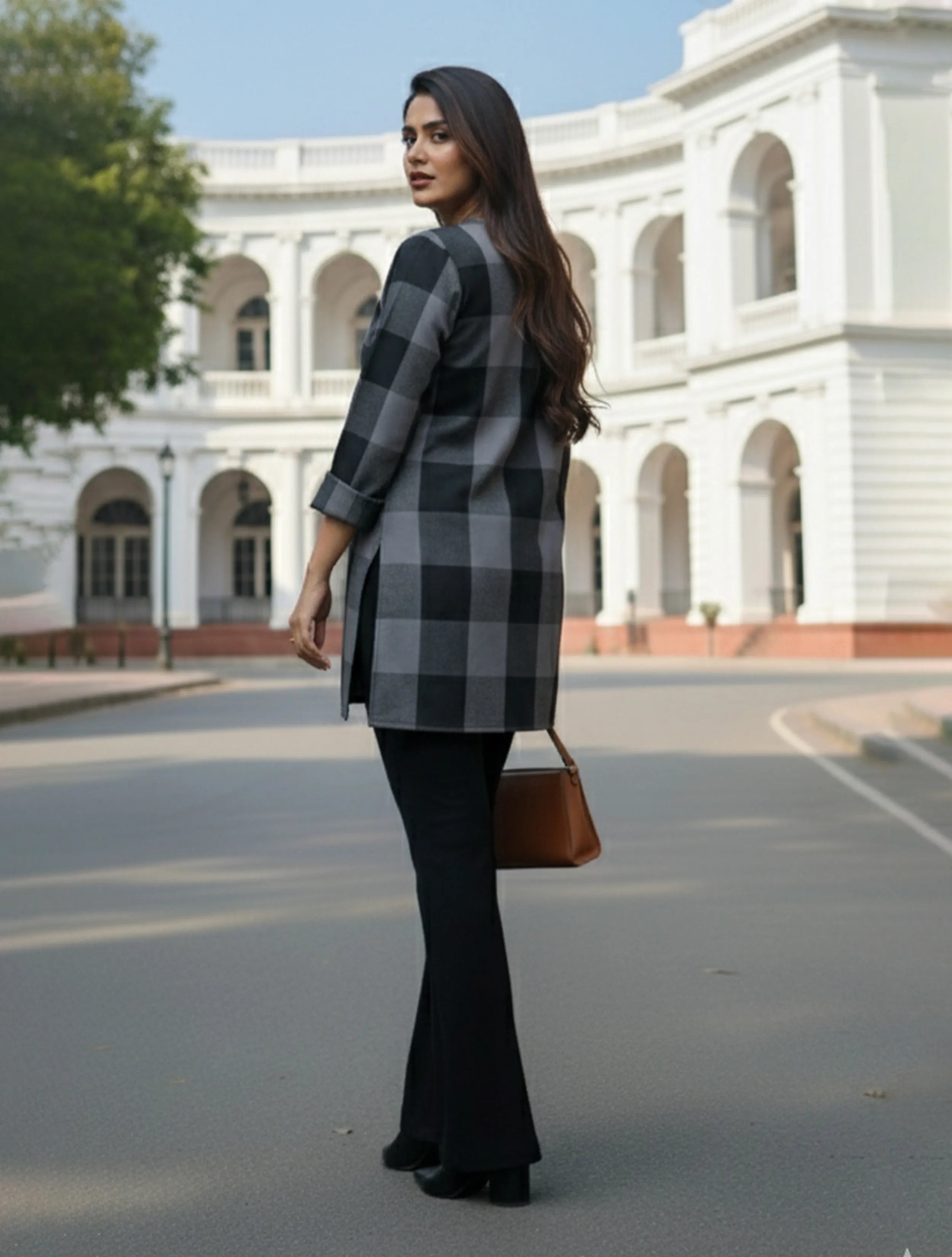 trueBrowns Black Grey Check High-Slit Winter Top