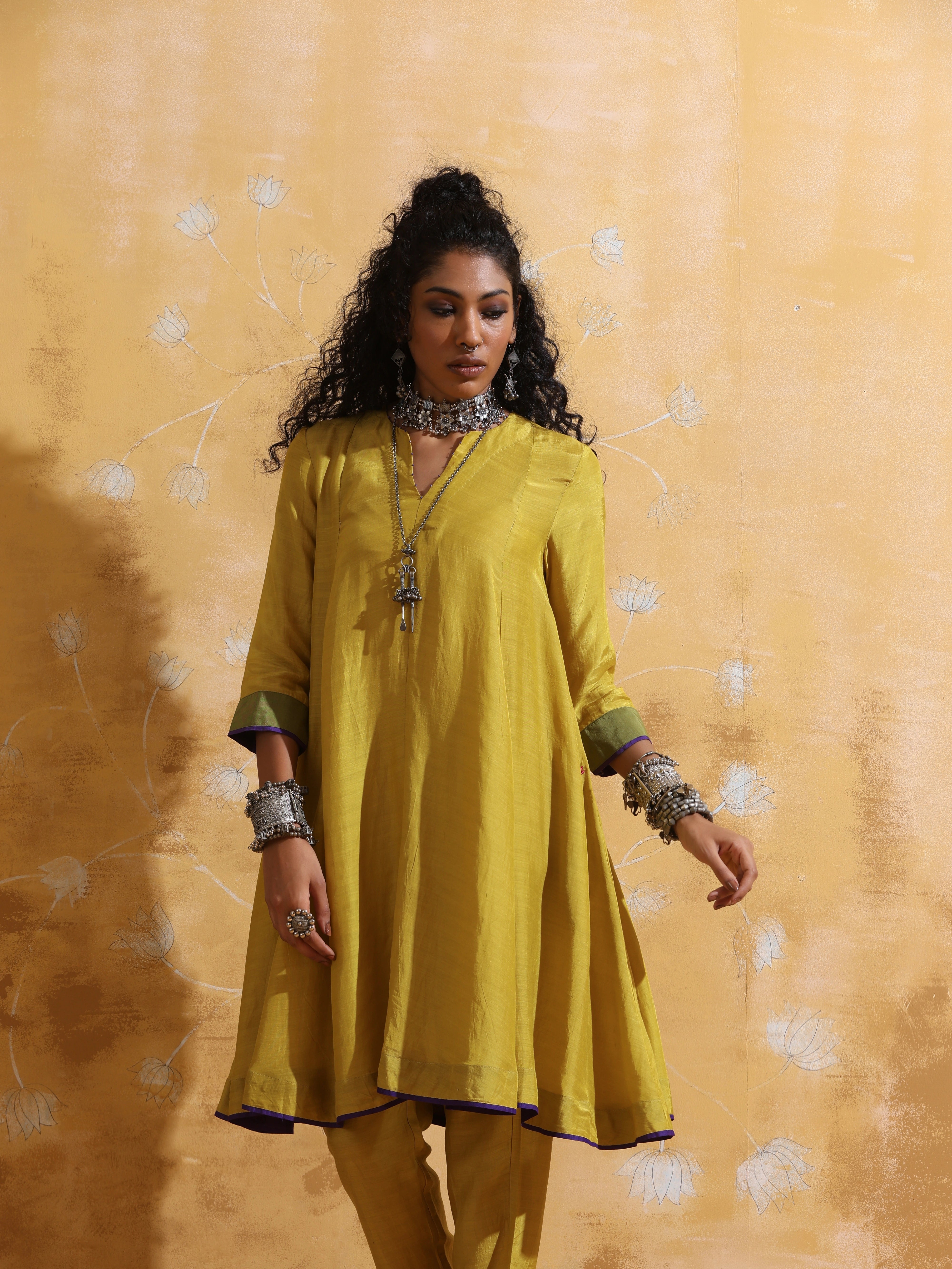 trueBrowns Lime Muslin Silk Flared Kurta Co-ord Set