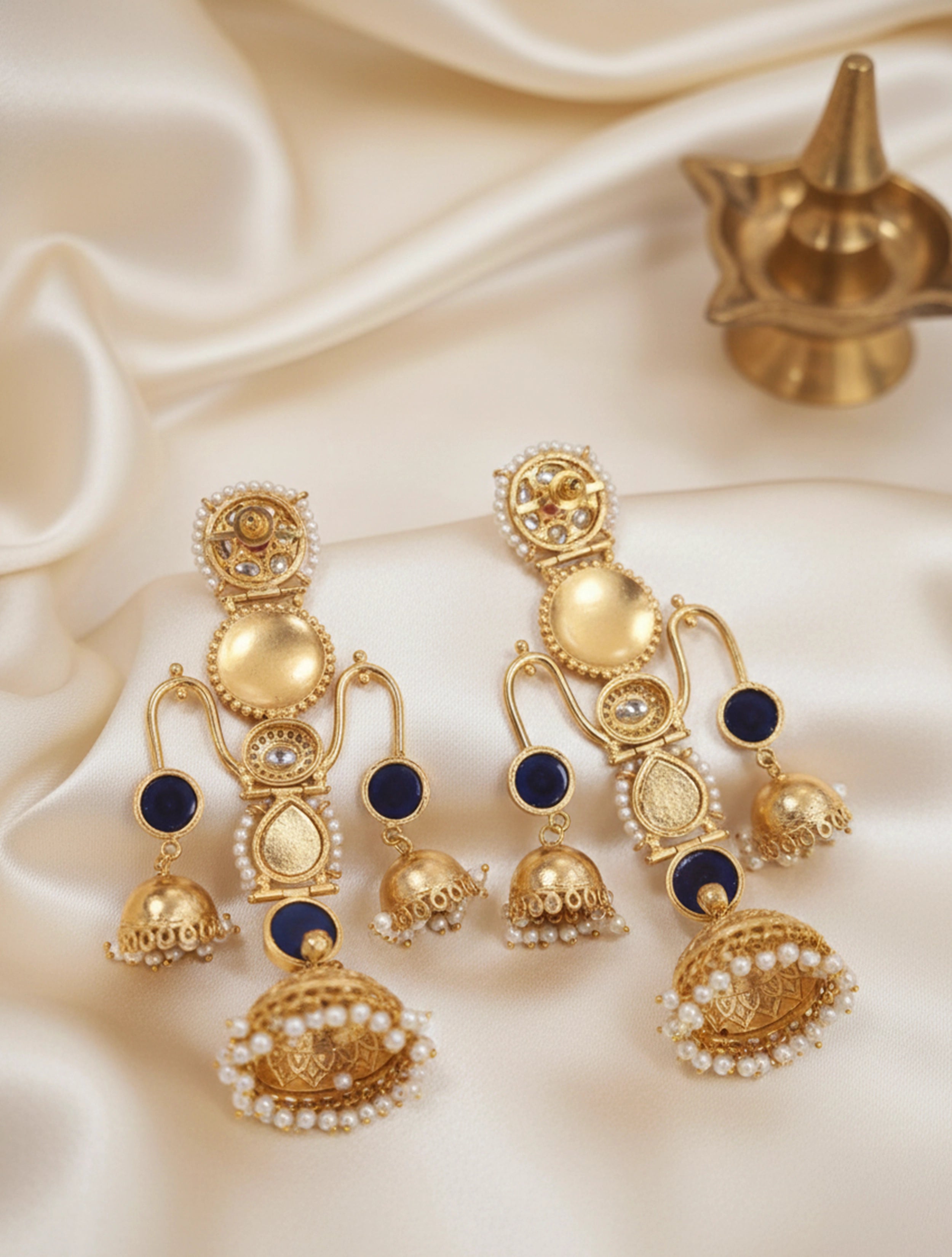 trueBrowns Kashmiri Navy Kundan Pearl Earrings